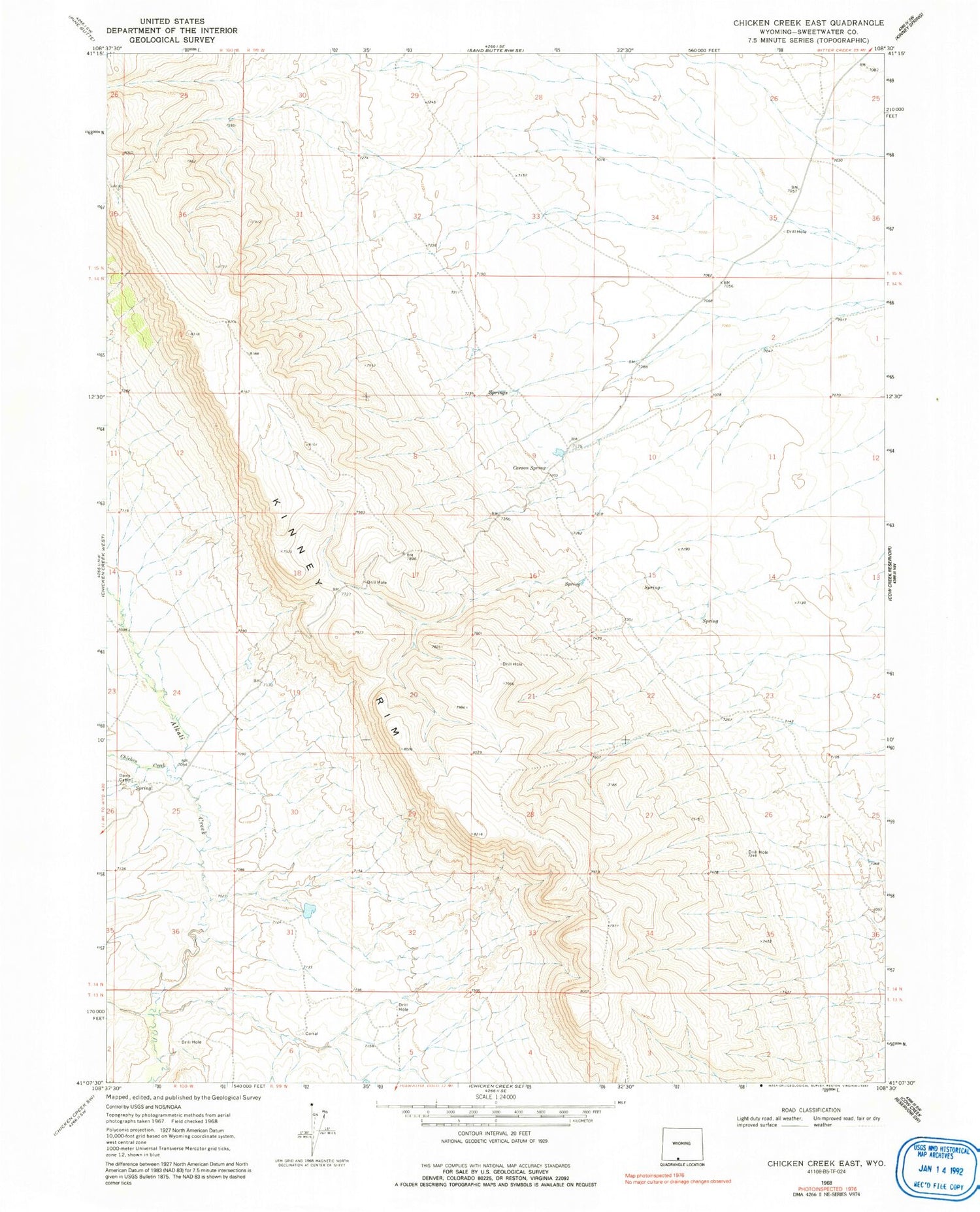 Classic USGS Chicken Creek East Wyoming 7.5'x7.5' Topo Map Image