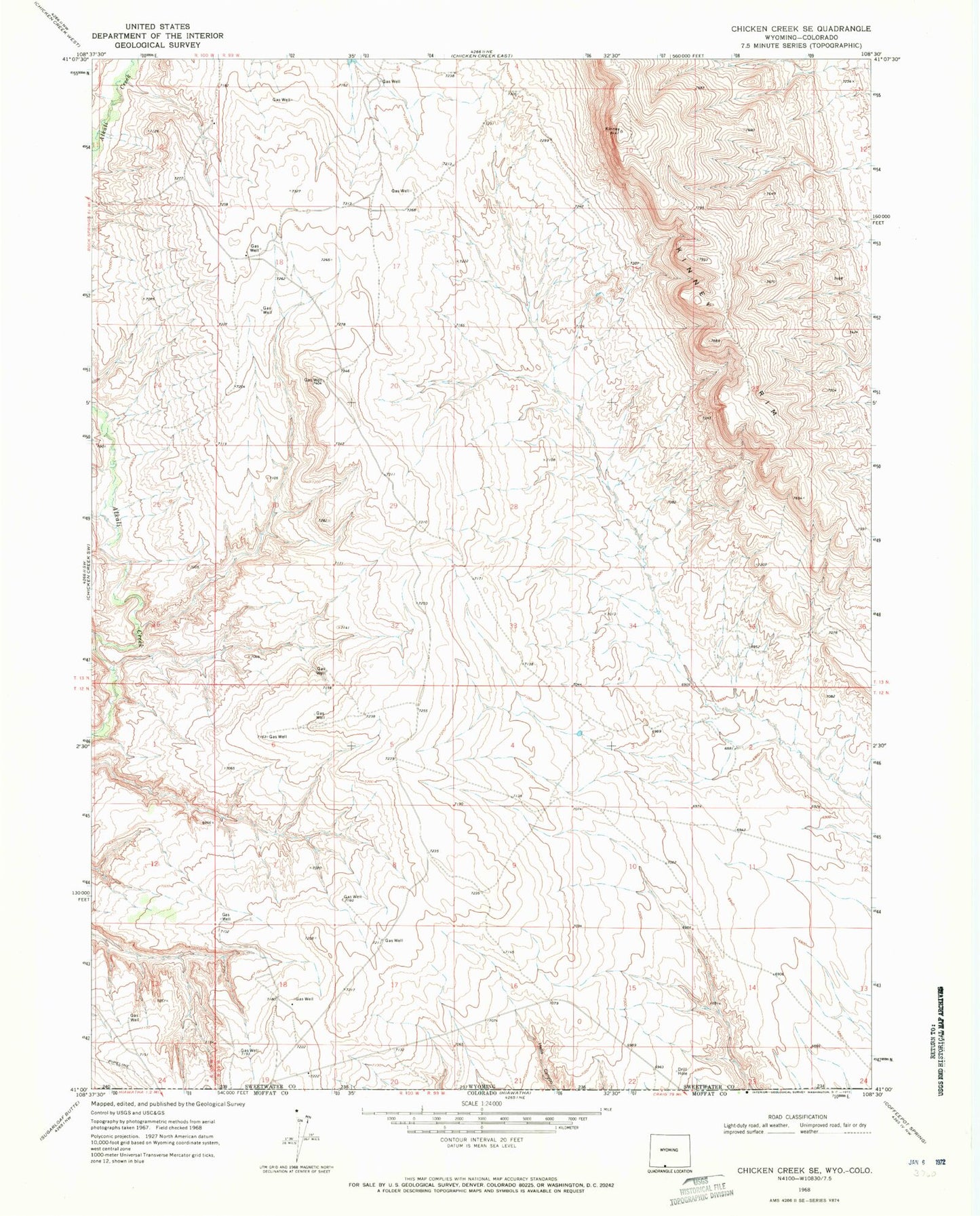 Classic USGS Chicken Creek SE Wyoming 7.5'x7.5' Topo Map Image