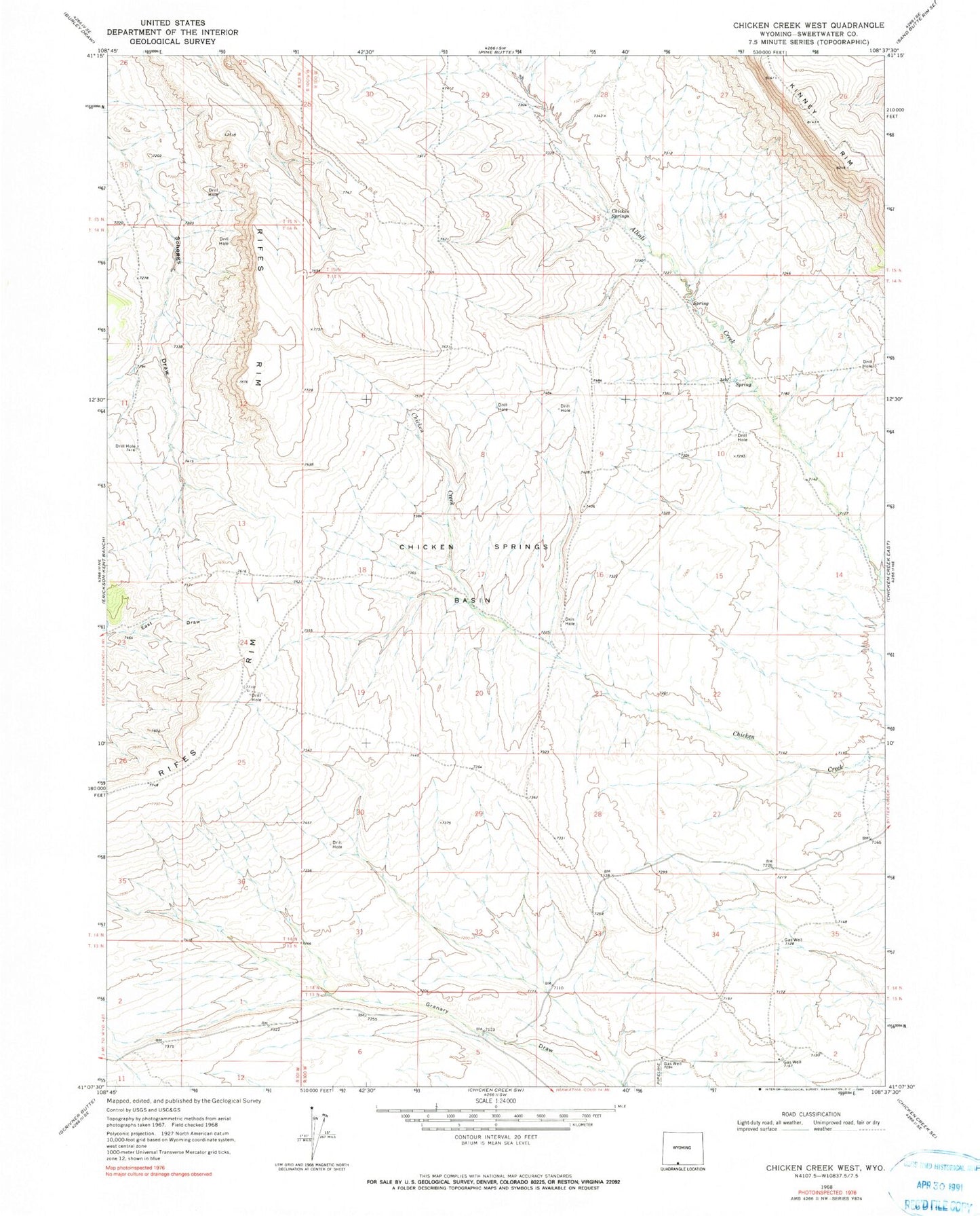 Classic USGS Chicken Creek West Wyoming 7.5'x7.5' Topo Map Image