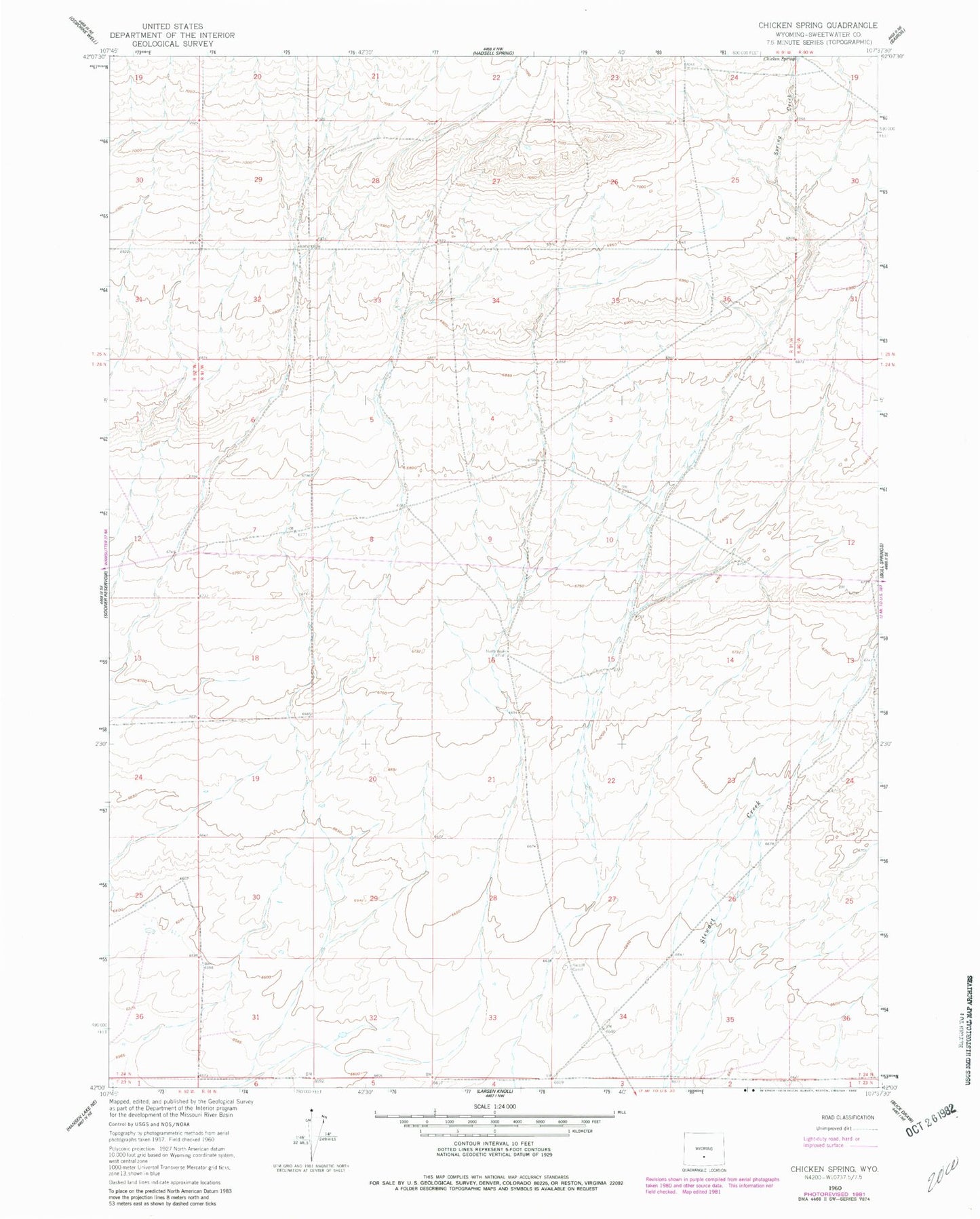 Classic USGS Chicken Spring Wyoming 7.5'x7.5' Topo Map Image