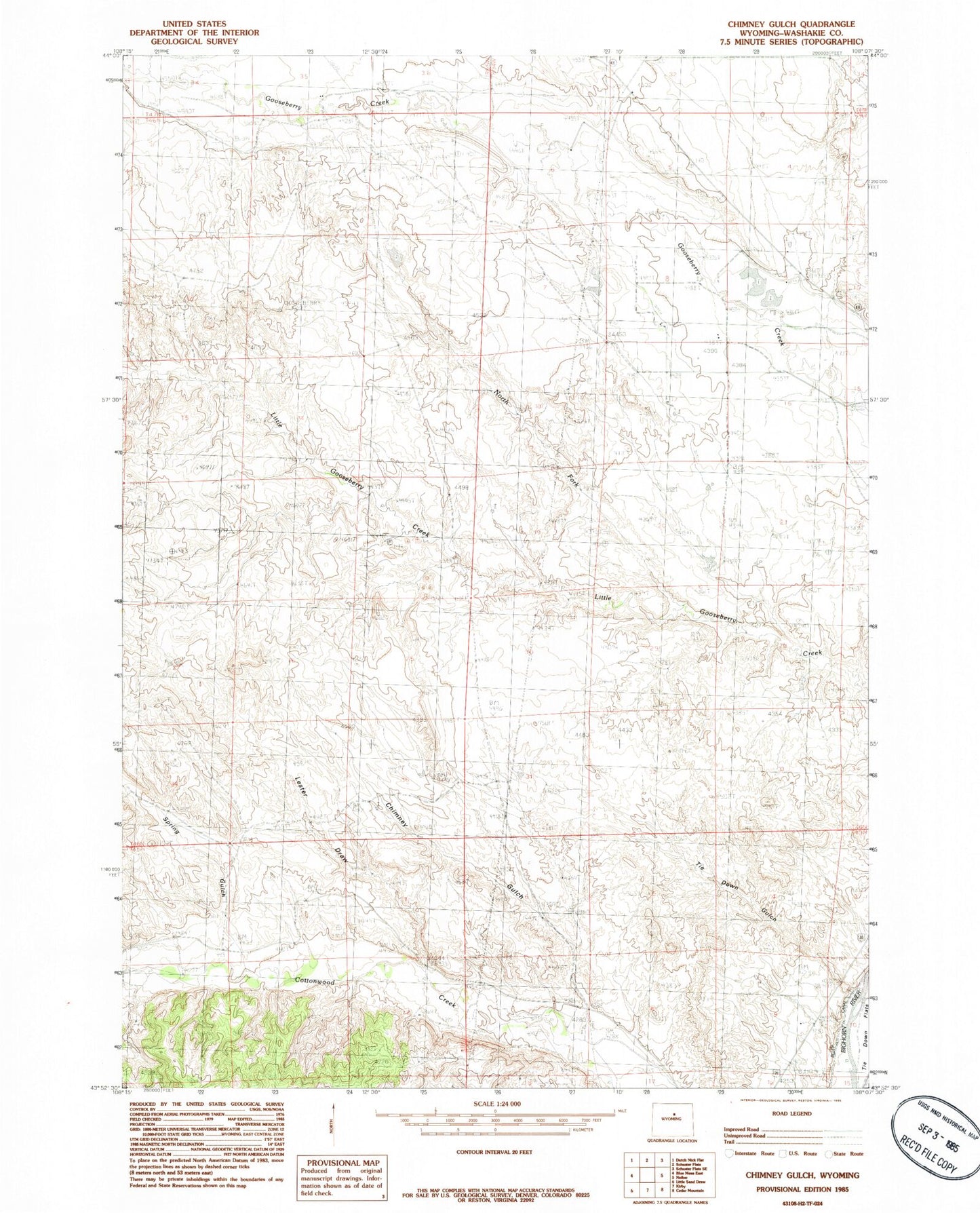 Classic USGS Chimney Gulch Wyoming 7.5'x7.5' Topo Map Image