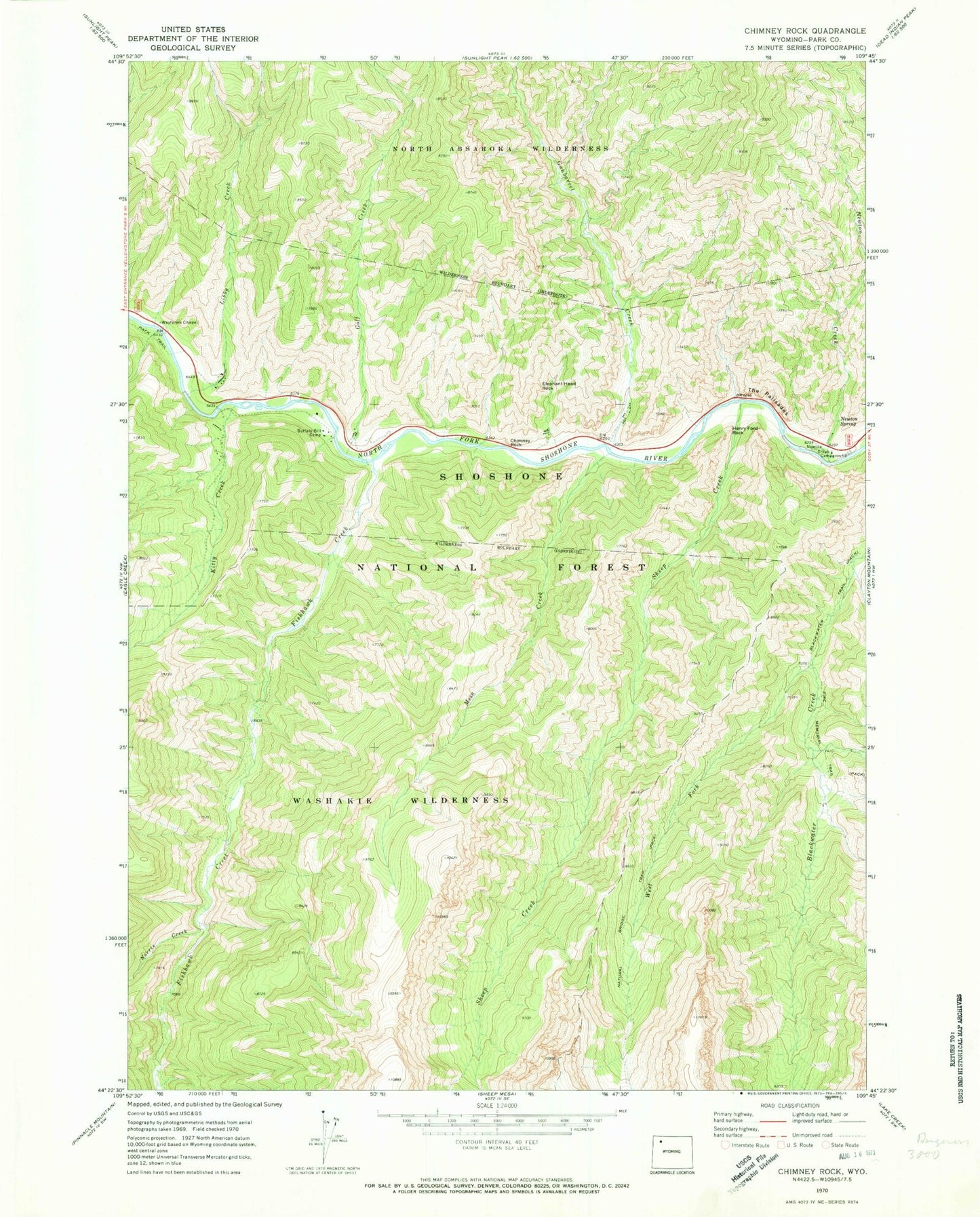 Classic USGS Chimney Rock Wyoming 7.5'x7.5' Topo Map Image