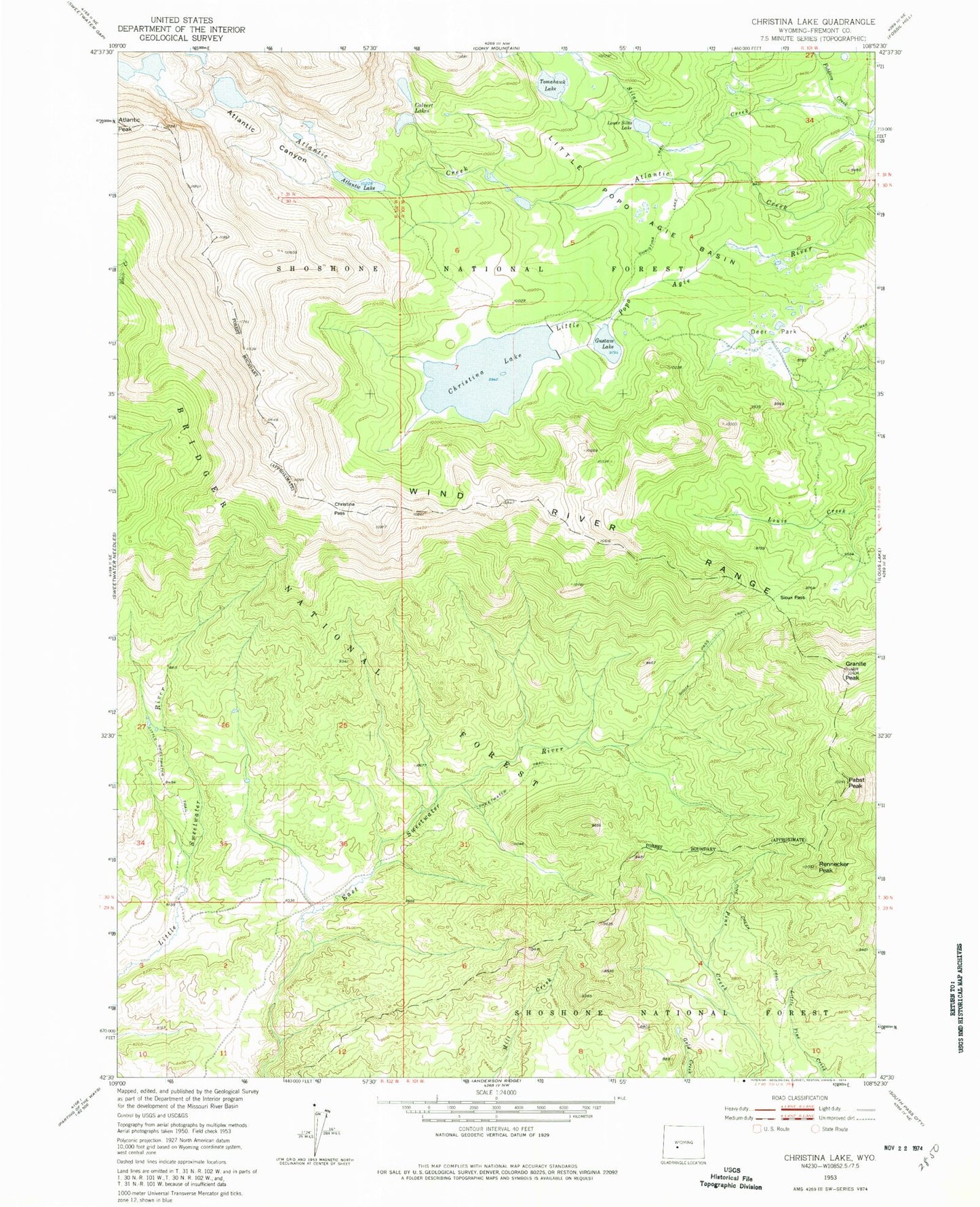 Classic USGS Christina Lake Wyoming 7.5'x7.5' Topo Map Image
