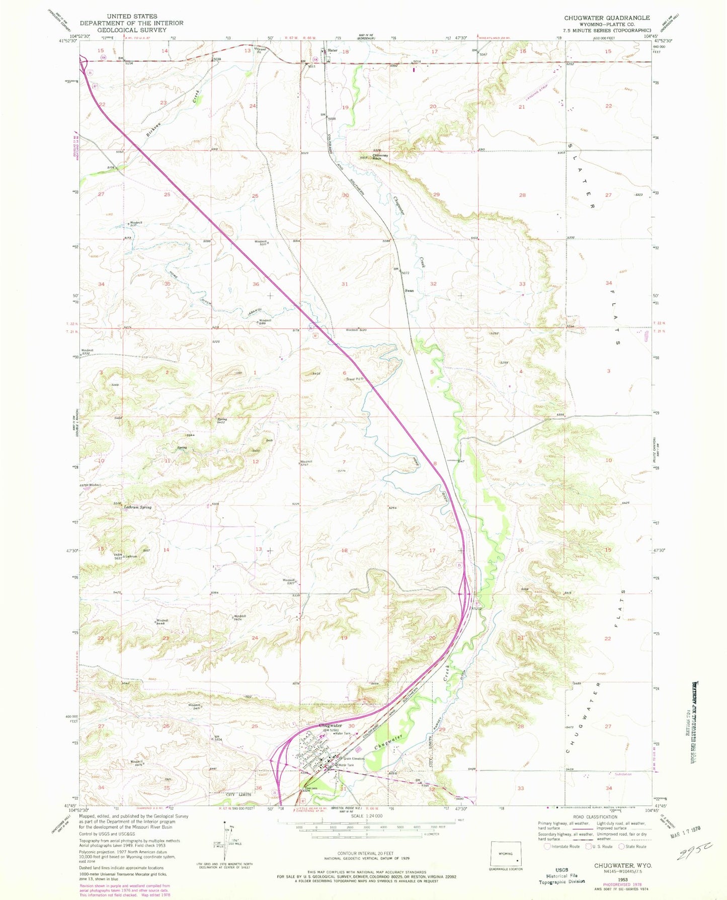 Classic USGS Chugwater Wyoming 7.5'x7.5' Topo Map Image