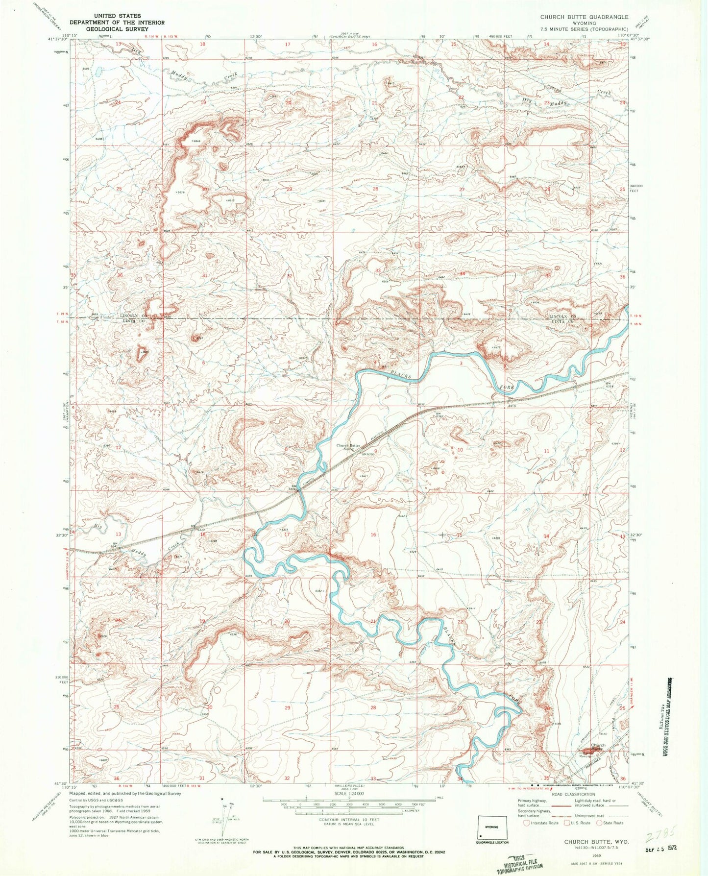 Classic USGS Church Butte Wyoming 7.5'x7.5' Topo Map Image
