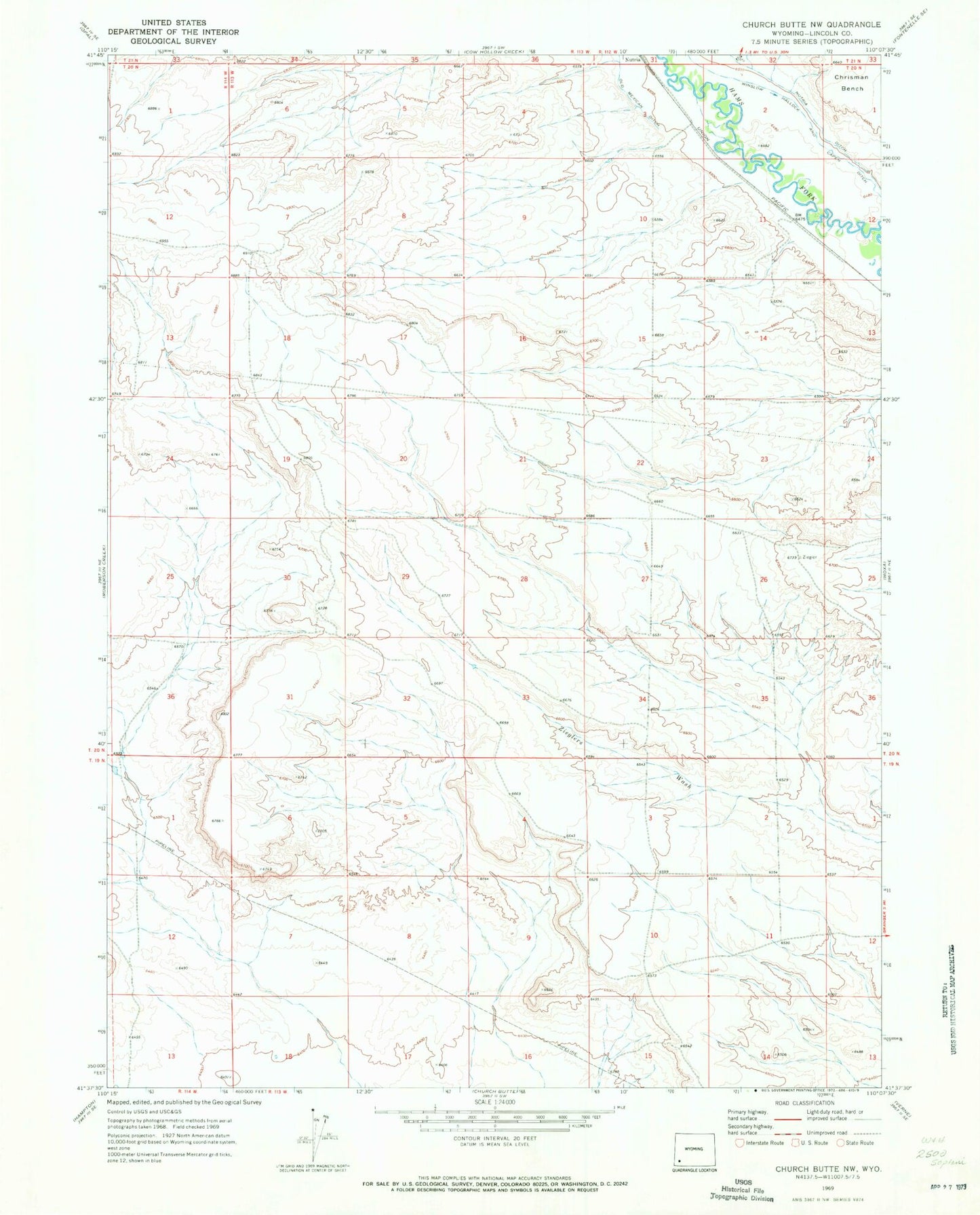 Classic USGS Church Butte NW Wyoming 7.5'x7.5' Topo Map Image