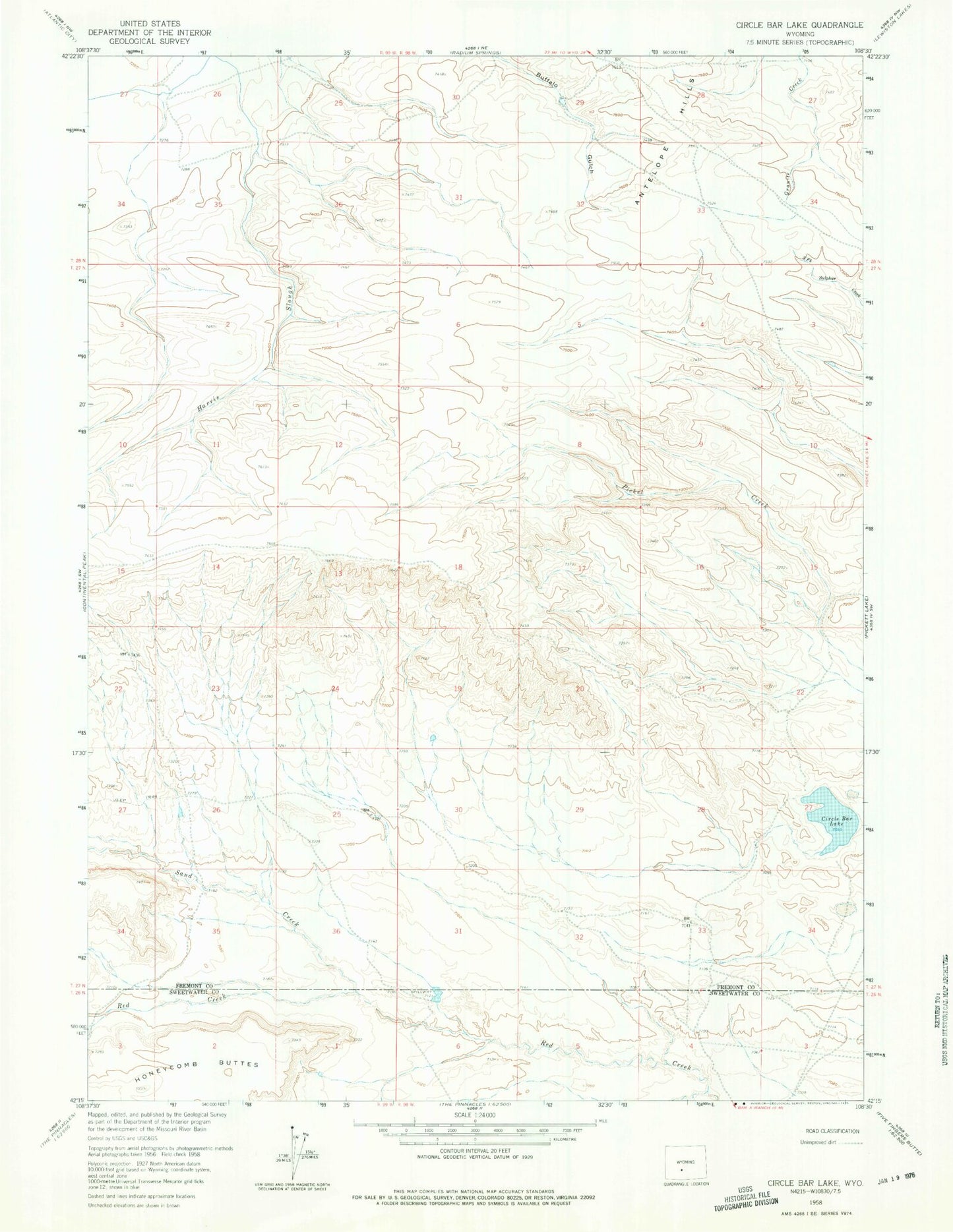 Classic USGS Circle Bar Lake Wyoming 7.5'x7.5' Topo Map Image