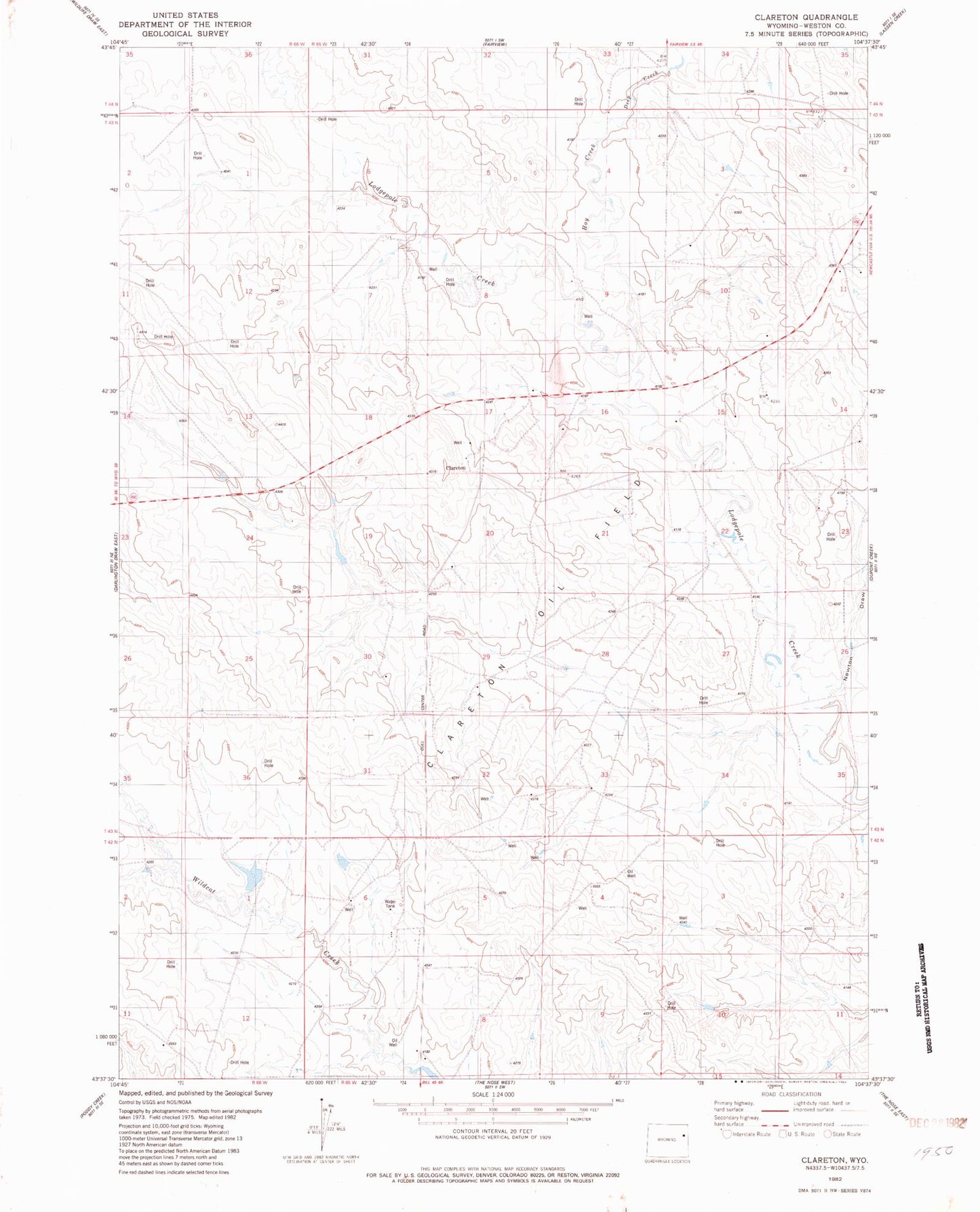 Classic USGS Clareton Wyoming 7.5'x7.5' Topo Map Image