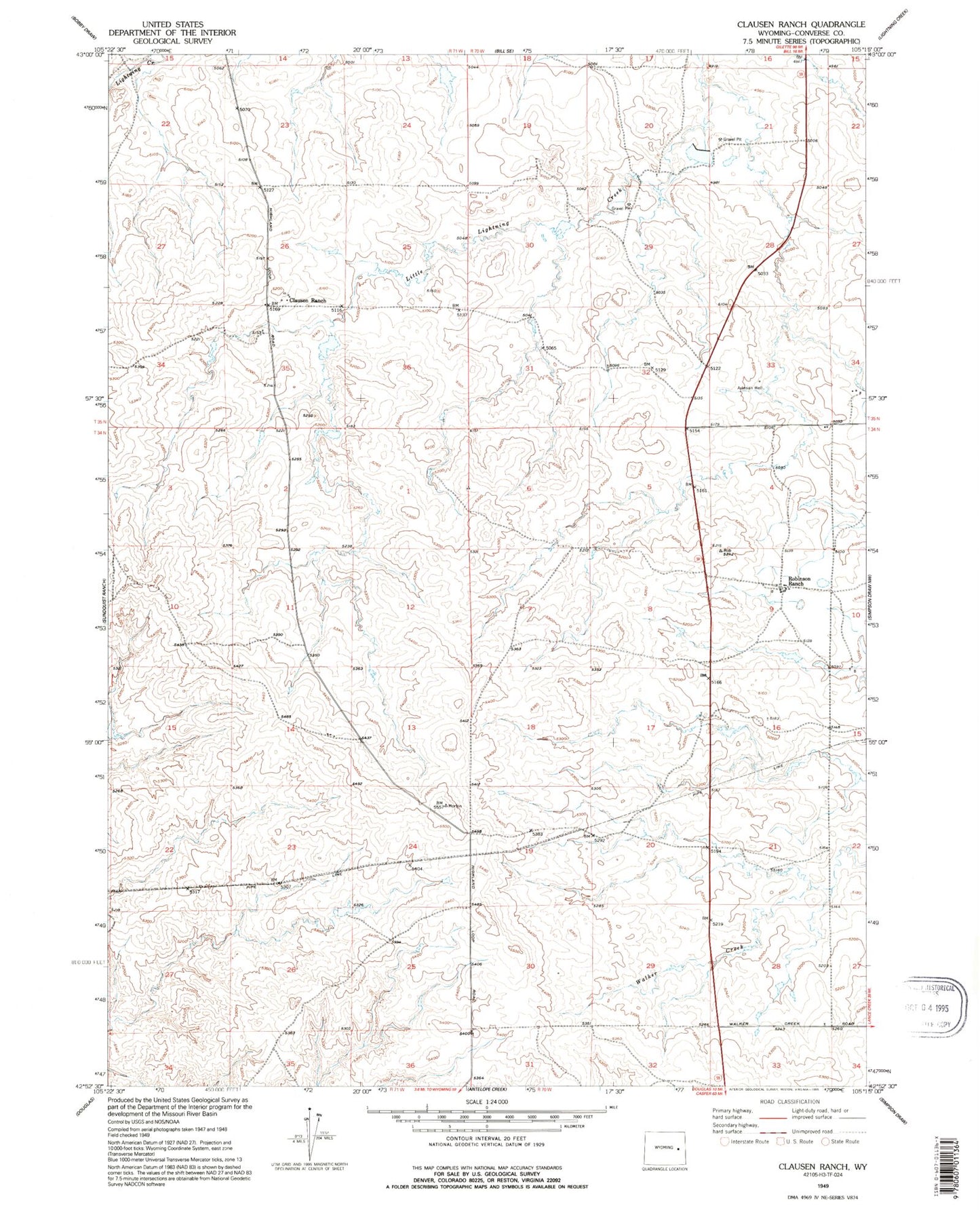 Classic USGS Clausen Ranch Wyoming 7.5'x7.5' Topo Map Image