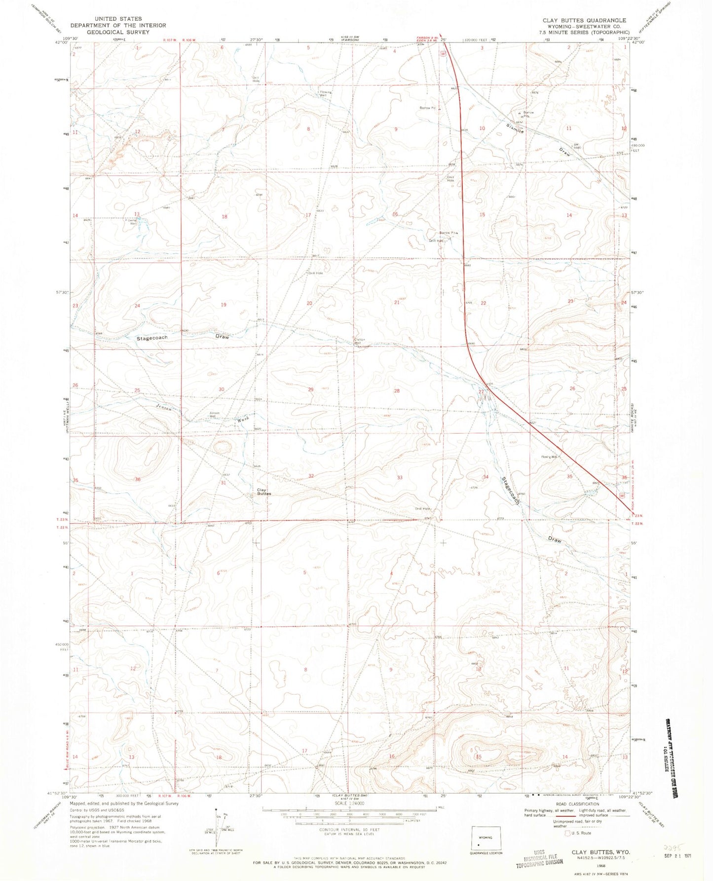 Classic USGS Clay Buttes Wyoming 7.5'x7.5' Topo Map Image