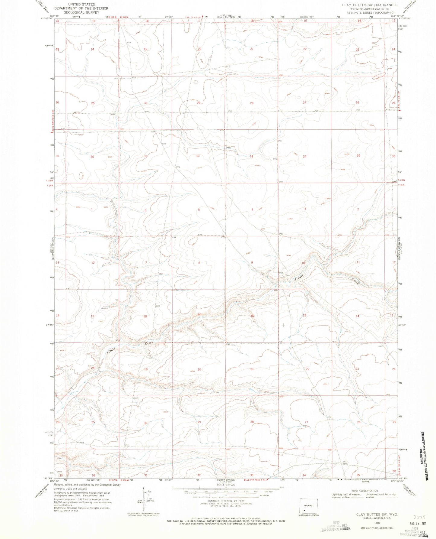 Classic USGS Clay Buttes SW Wyoming 7.5'x7.5' Topo Map Image