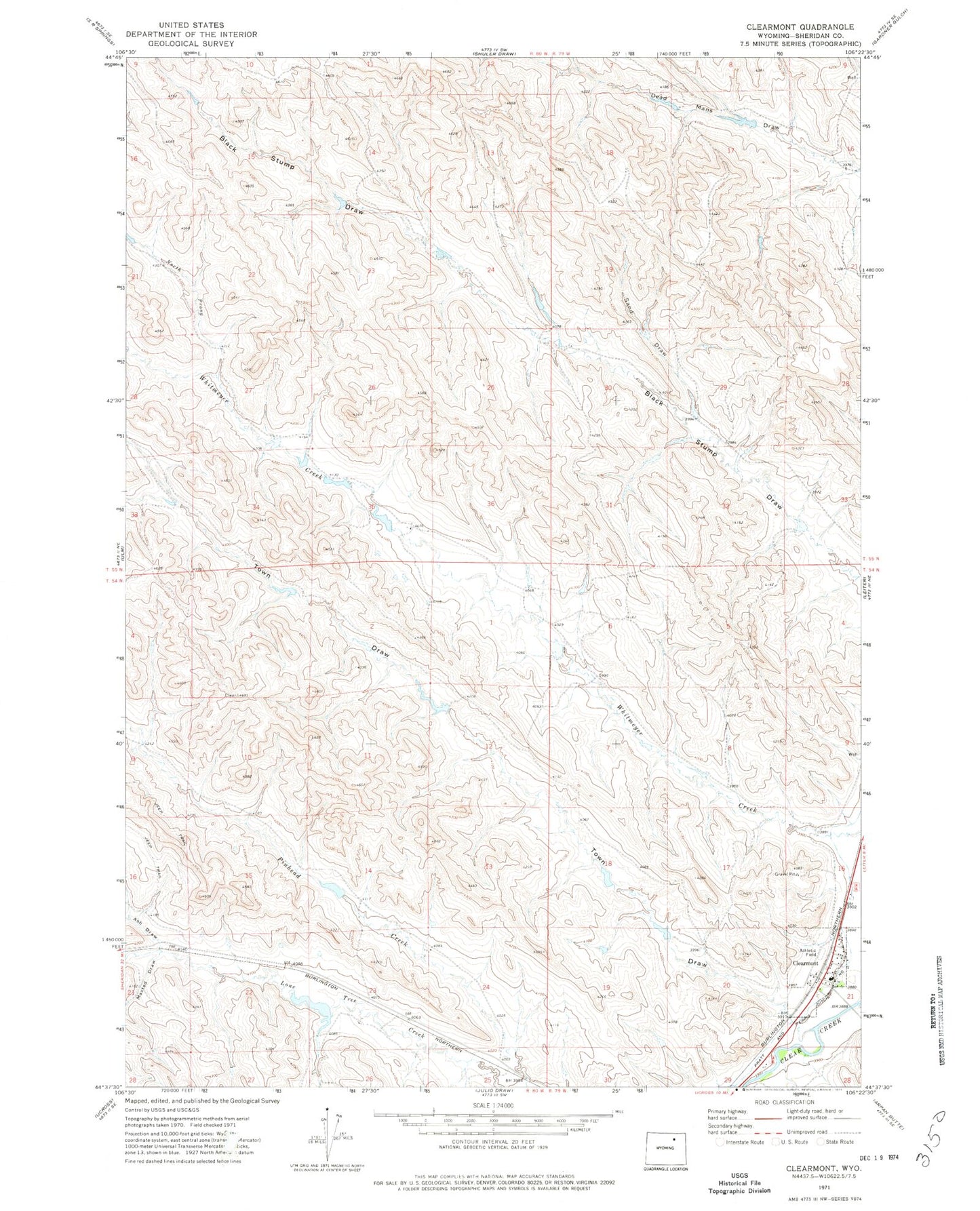 Classic USGS Clearmont Wyoming 7.5'x7.5' Topo Map Image