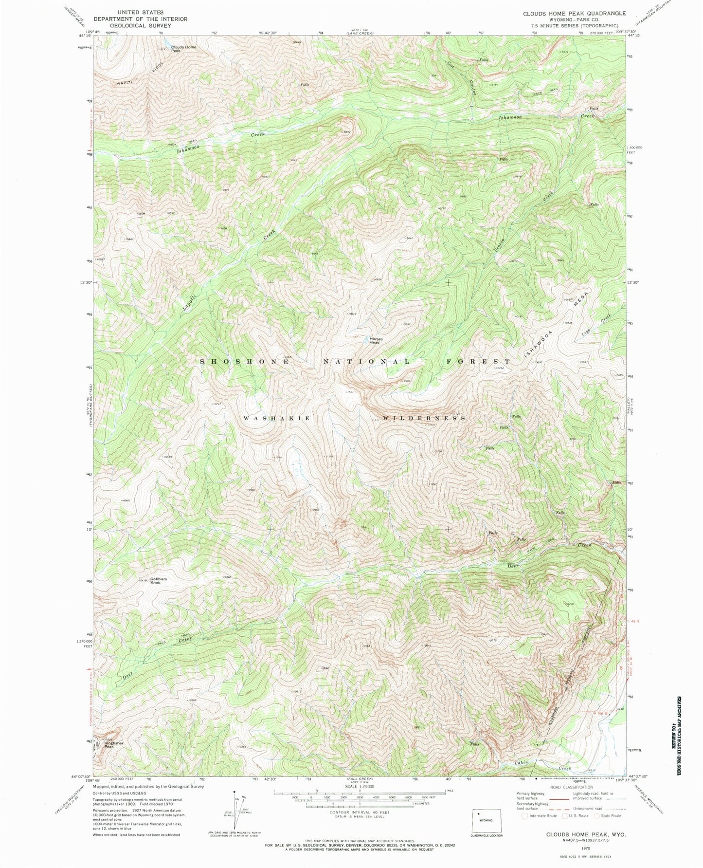 Classic USGS Clouds Home Peak Wyoming 7.5'x7.5' Topo Map Image