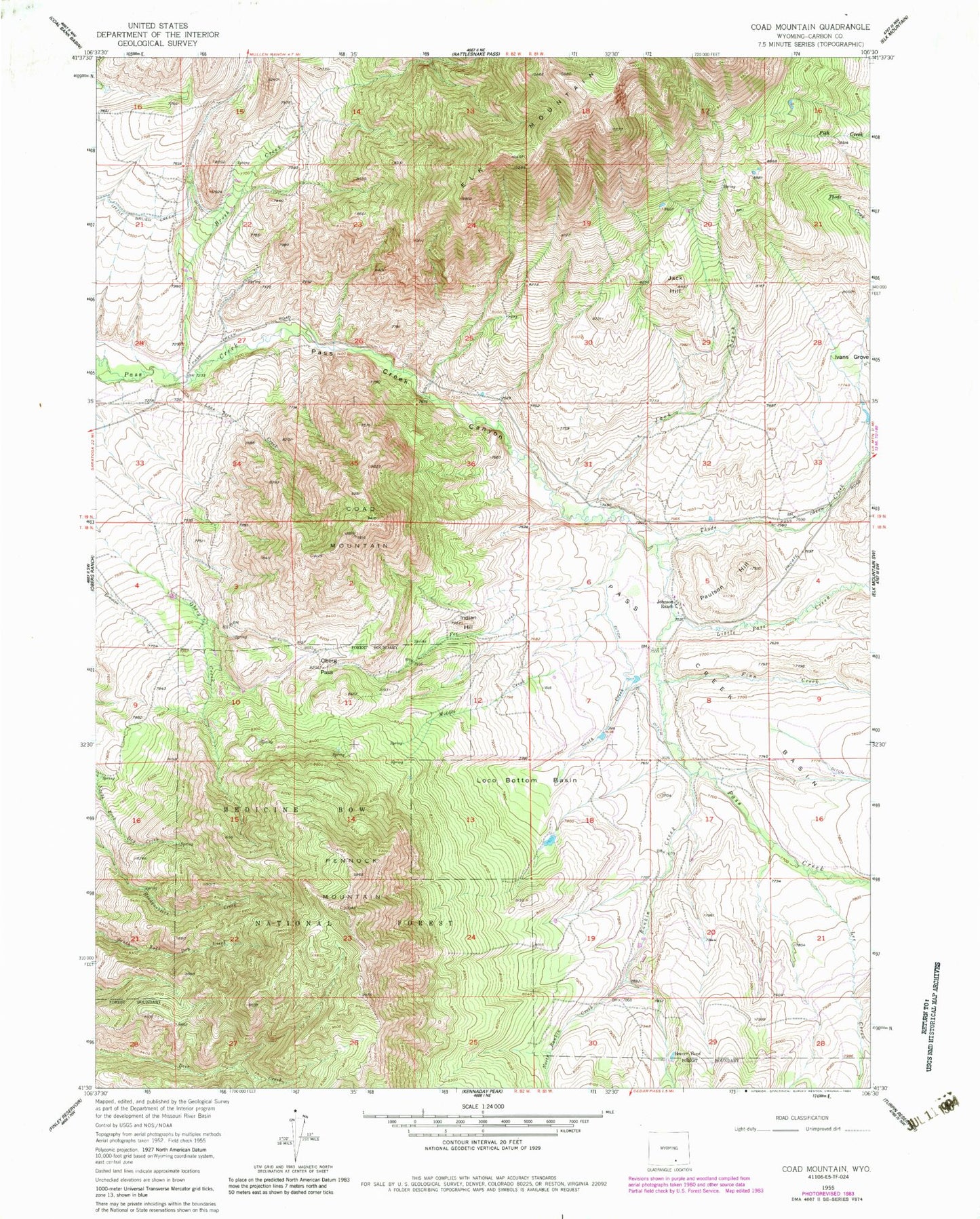 Classic USGS Coad Mountain Wyoming 7.5'x7.5' Topo Map Image