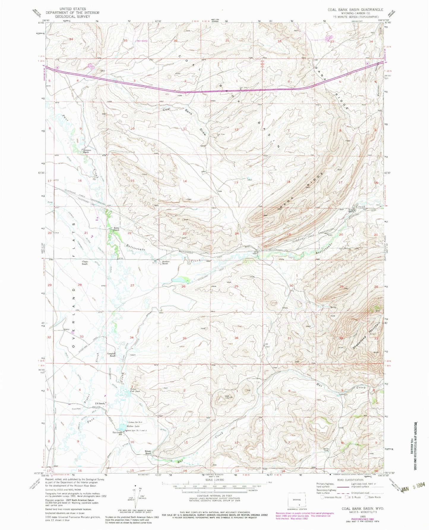 Classic USGS Coal Bank Basin Wyoming 7.5'x7.5' Topo Map Image