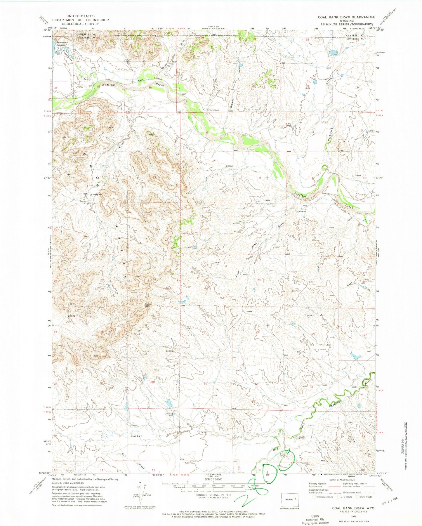 Classic USGS Coal Bank Draw Wyoming 7.5'x7.5' Topo Map Image