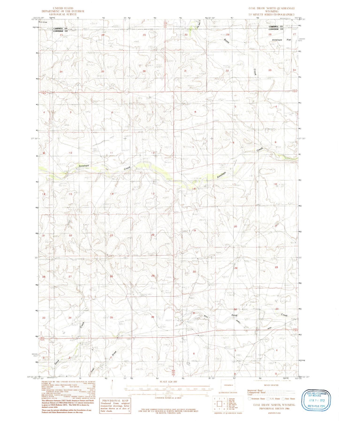 Classic USGS Coal Draw North Wyoming 7.5'x7.5' Topo Map Image