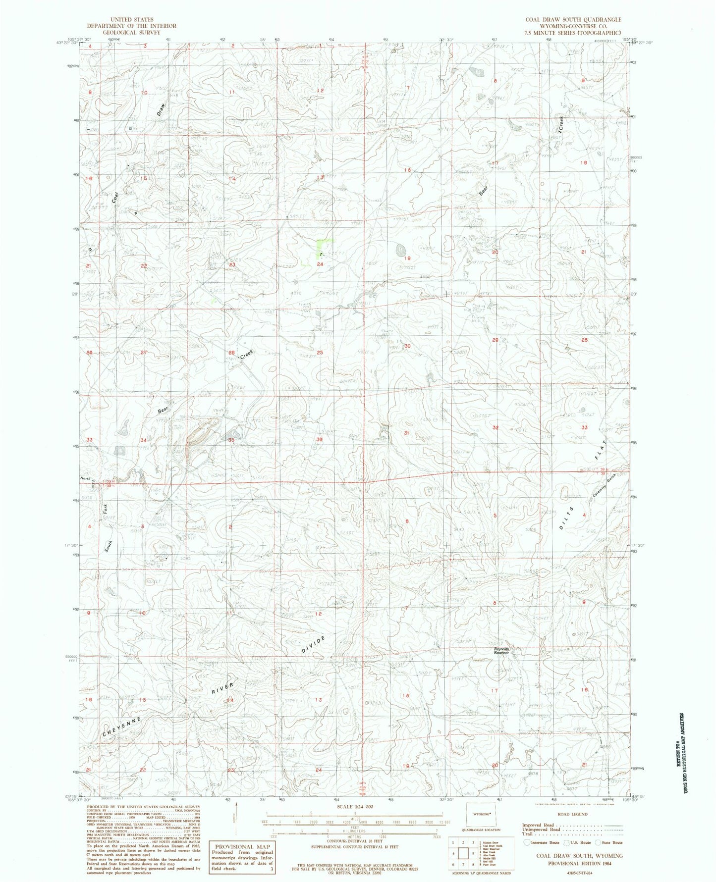 Classic USGS Coal Draw South Wyoming 7.5'x7.5' Topo Map Image