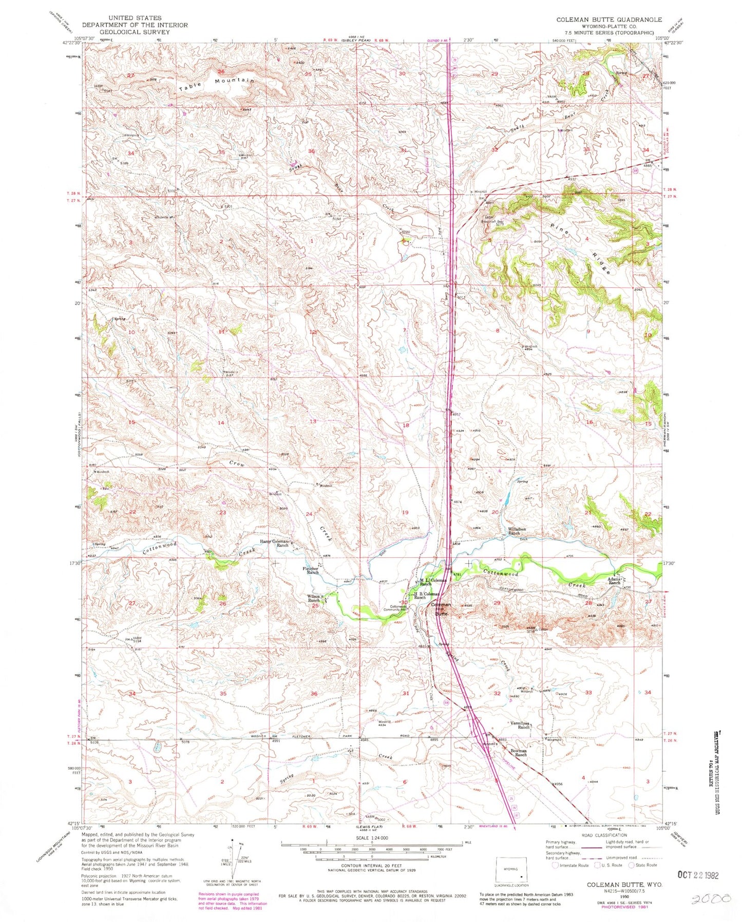 Classic USGS Coleman Butte Wyoming 7.5'x7.5' Topo Map Image