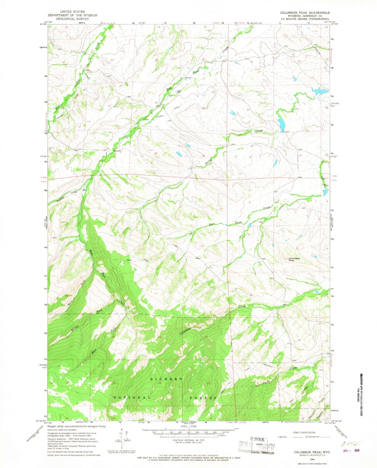Classic USGS Columbus Peak Wyoming 7.5'x7.5' Topo Map Image