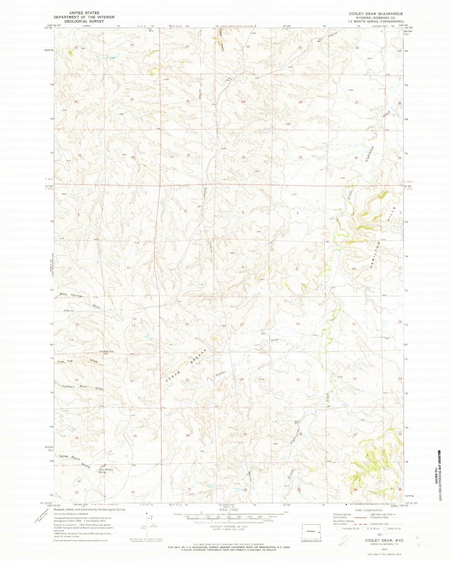 Classic USGS Cooley Draw Wyoming 7.5'x7.5' Topo Map Image