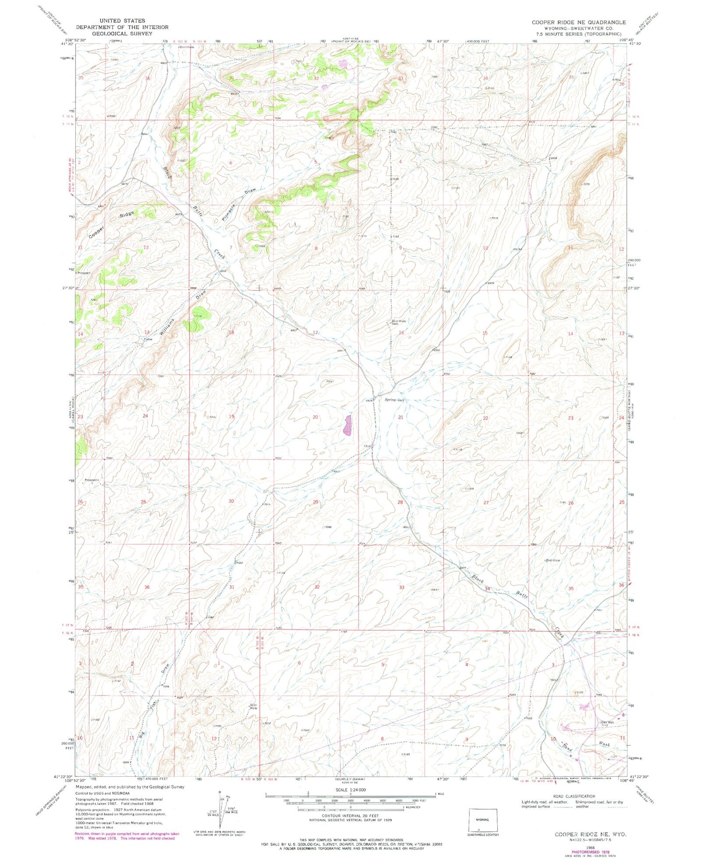 Classic USGS Cooper Ridge NE Wyoming 7.5'x7.5' Topo Map Image