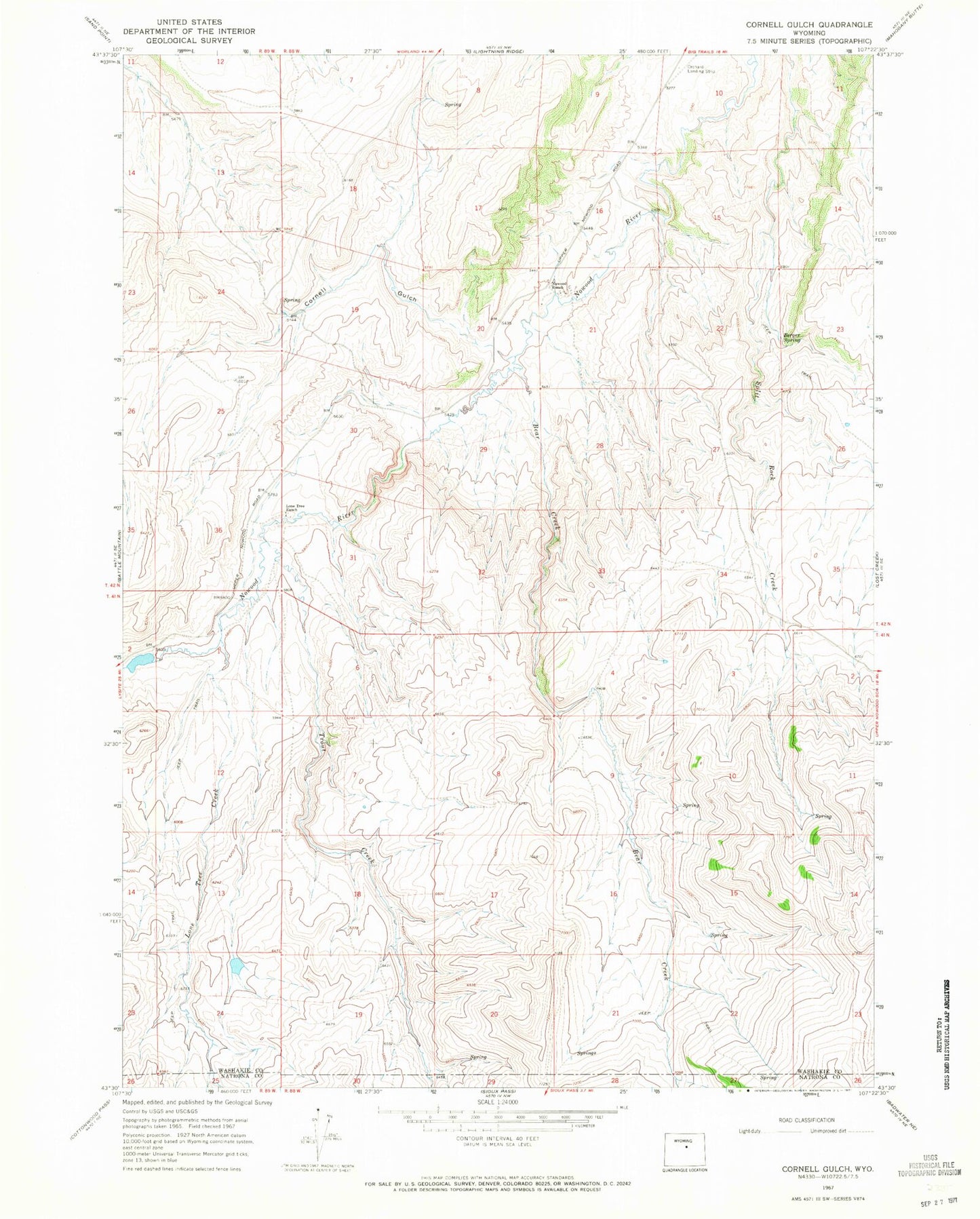 Classic USGS Cornell Gulch Wyoming 7.5'x7.5' Topo Map Image