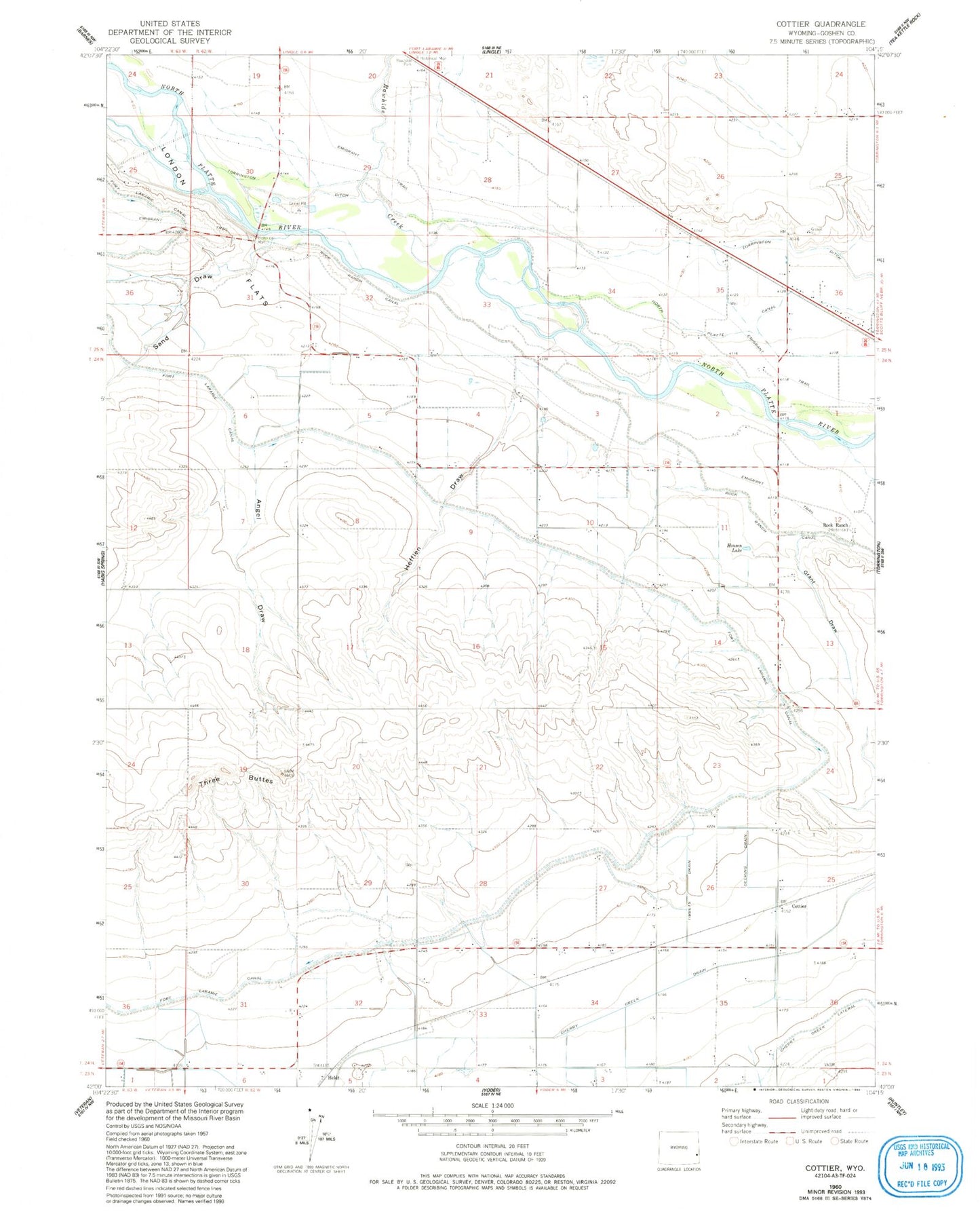 Classic USGS Cottier Wyoming 7.5'x7.5' Topo Map Image