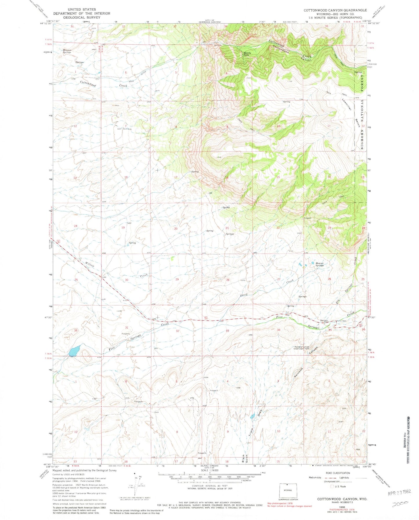 Classic USGS Cottonwood Canyon Wyoming 7.5'x7.5' Topo Map Image