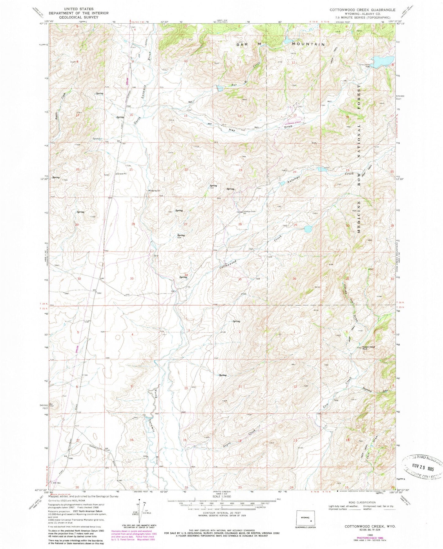 Classic USGS Cottonwood Creek Wyoming 7.5'x7.5' Topo Map Image