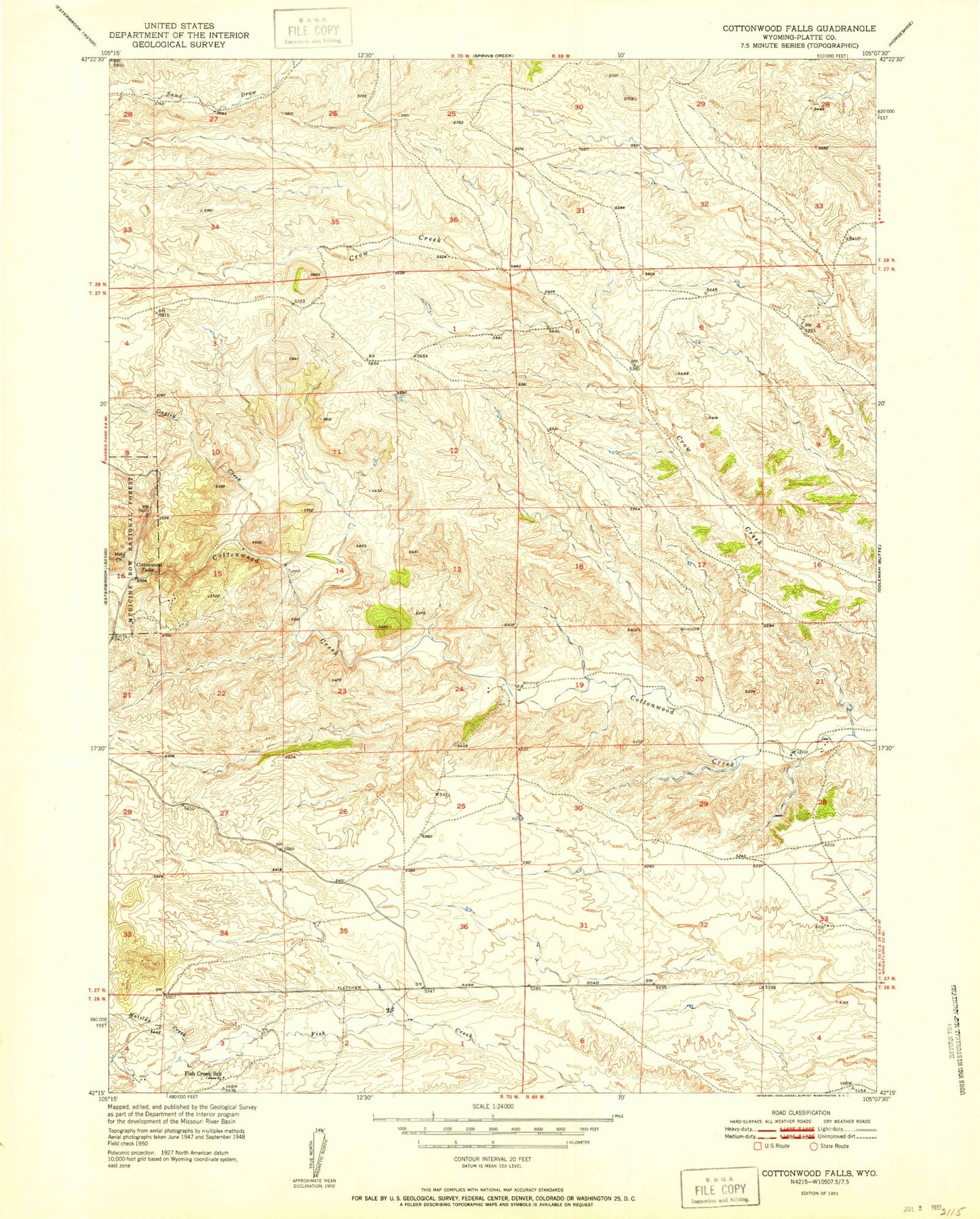 Classic USGS Cottonwood Falls Wyoming 7.5'x7.5' Topo Map Image