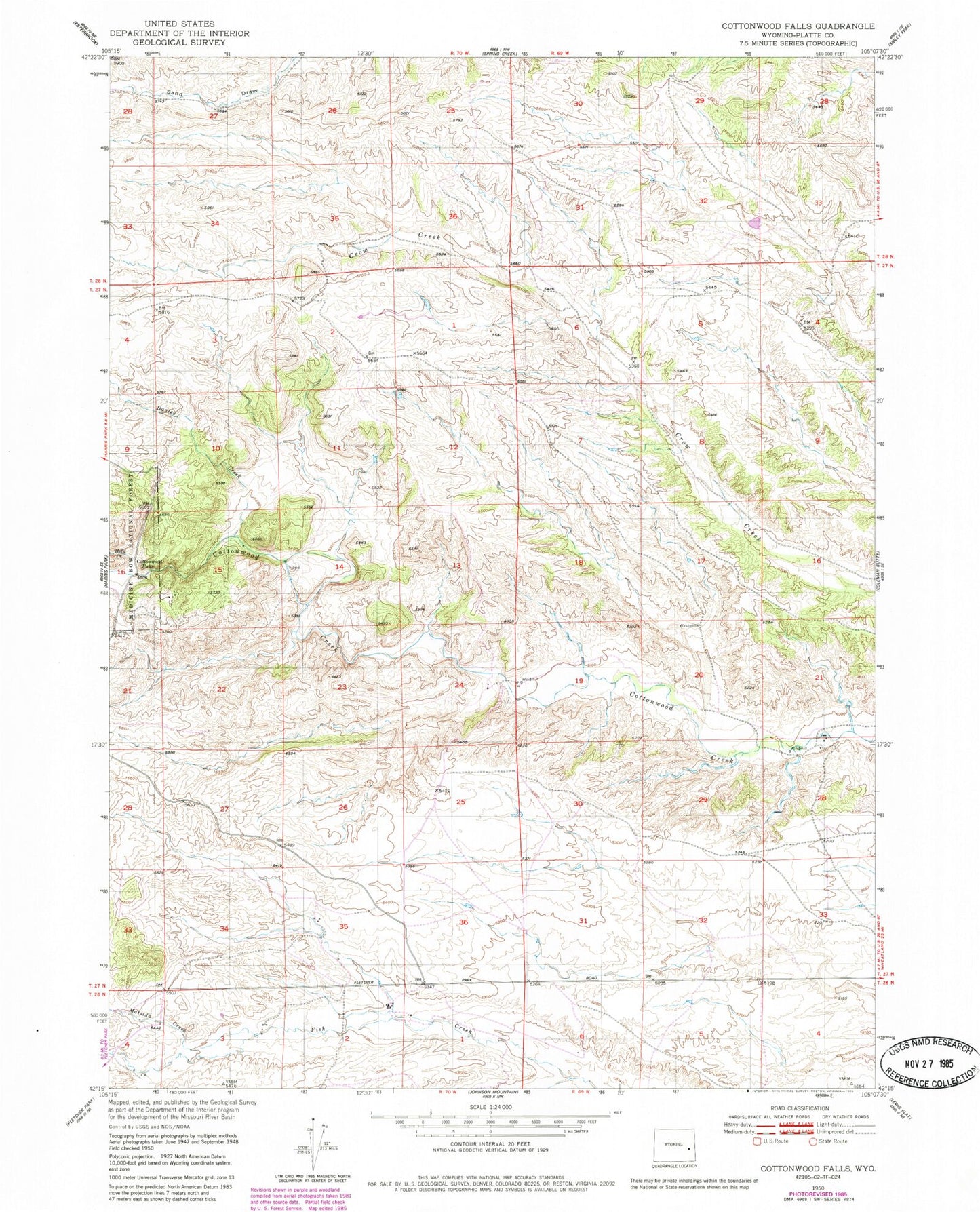 Classic USGS Cottonwood Falls Wyoming 7.5'x7.5' Topo Map Image