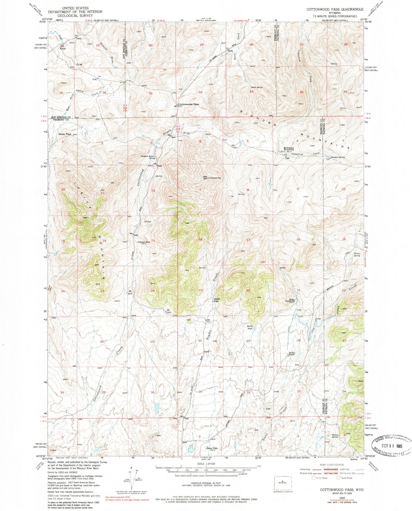 Classic USGS Cottonwood Pass Wyoming 7.5'x7.5' Topo Map Image