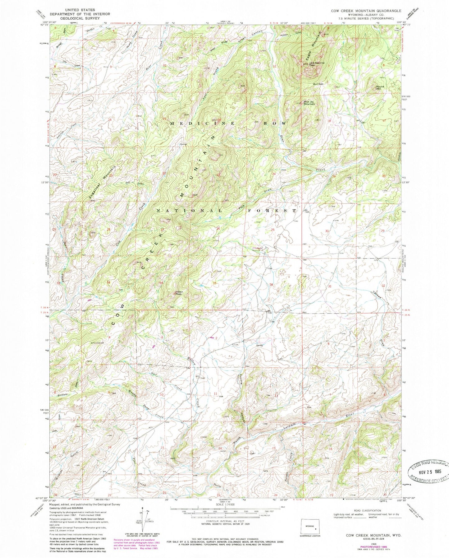 Classic USGS Cow Creek Mountain Wyoming 7.5'x7.5' Topo Map Image
