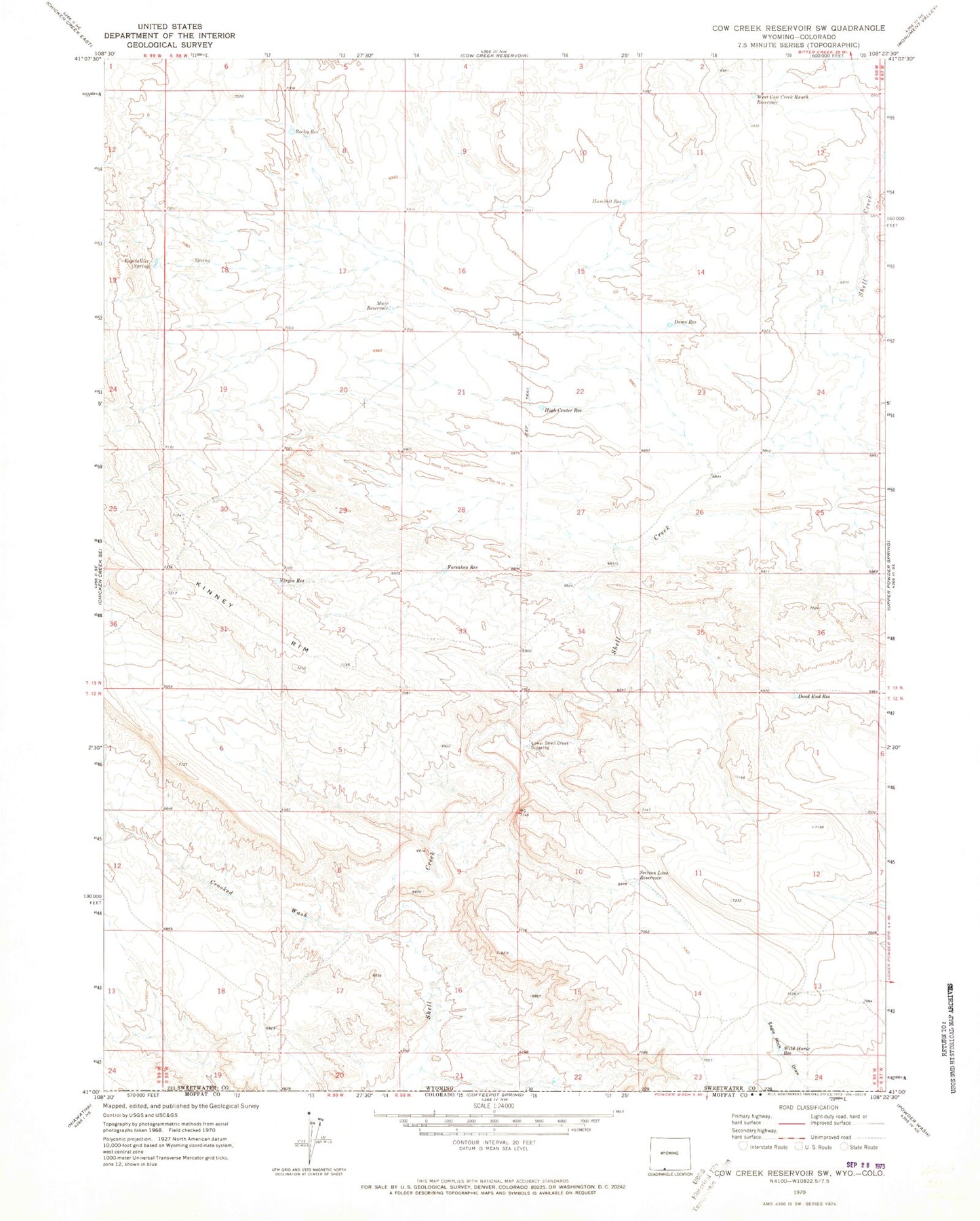Classic USGS Cow Creek Reservoir SW Wyoming 7.5'x7.5' Topo Map Image