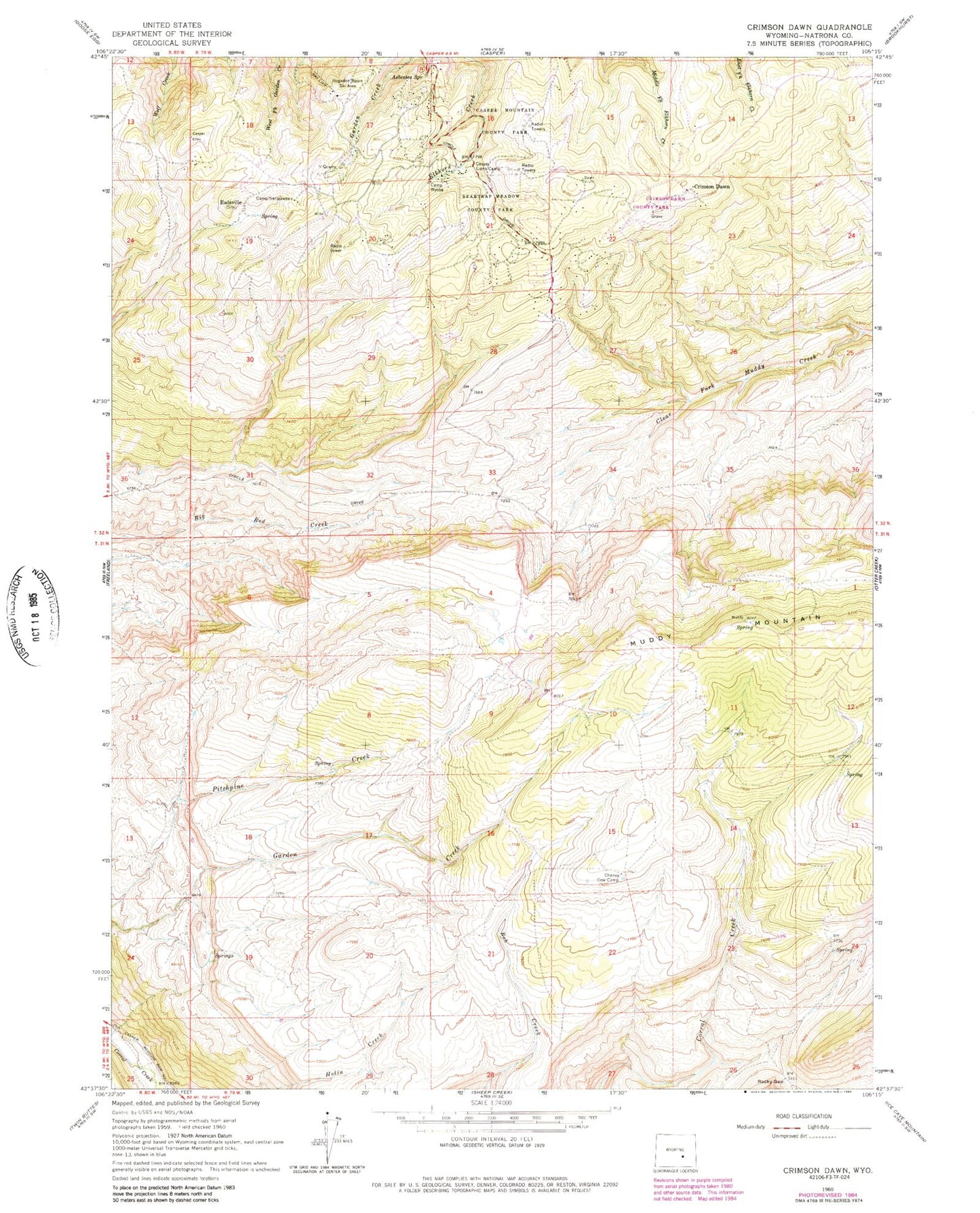 Classic USGS Crimson Dawn Wyoming 7.5'x7.5' Topo Map Image