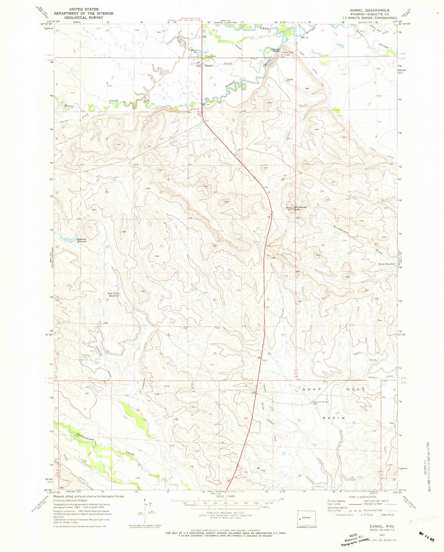 Classic USGS Daniel Wyoming 7.5'x7.5' Topo Map Image