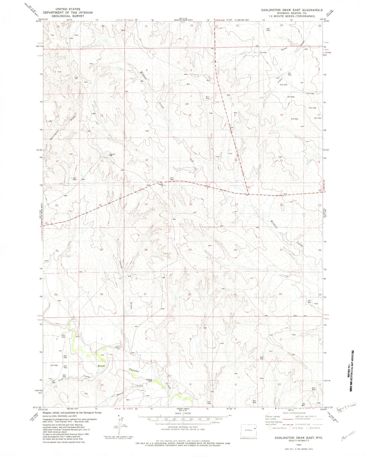 Classic USGS Darlington Draw East Wyoming 7.5'x7.5' Topo Map Image