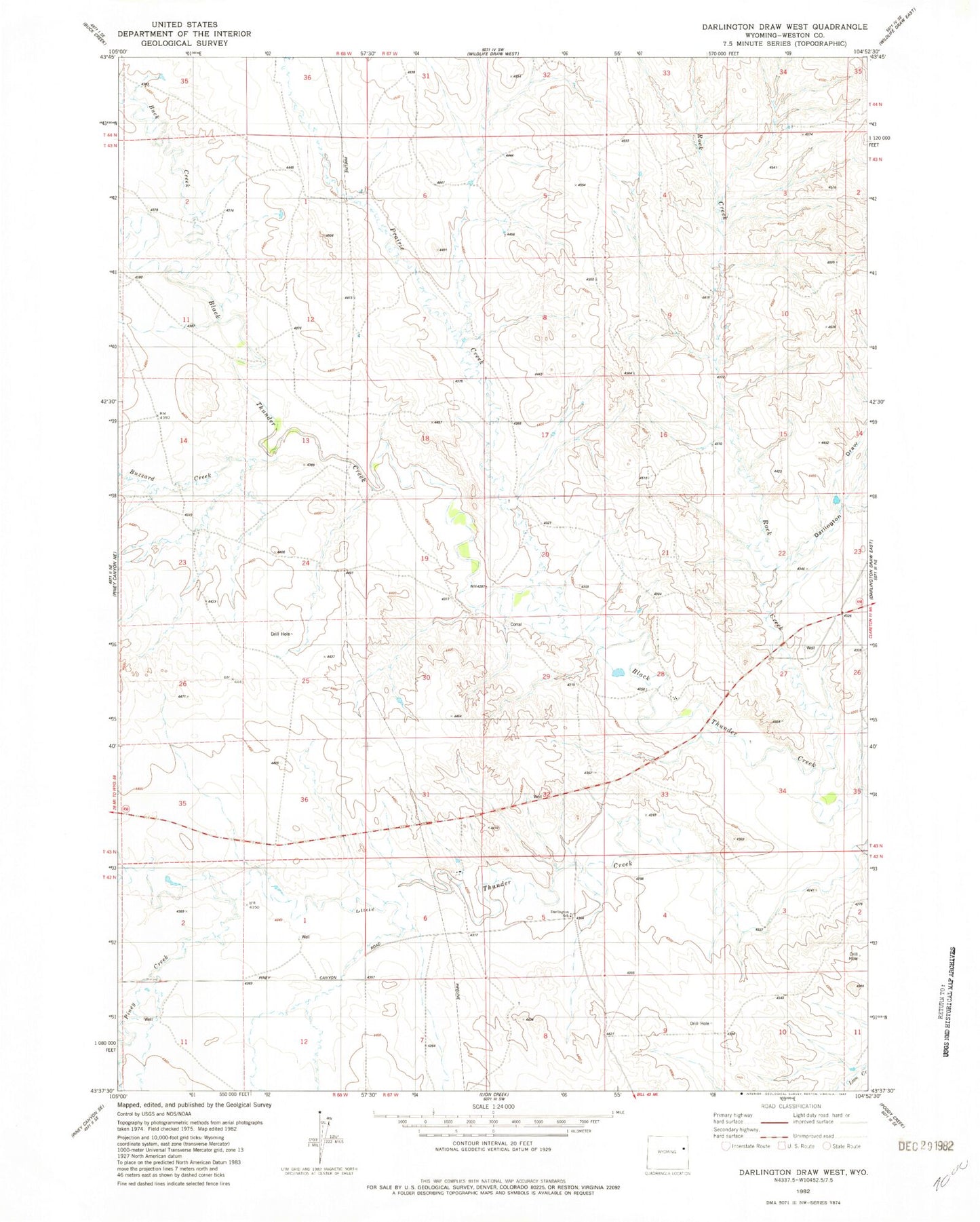 Classic USGS Darlington Draw West Wyoming 7.5'x7.5' Topo Map Image
