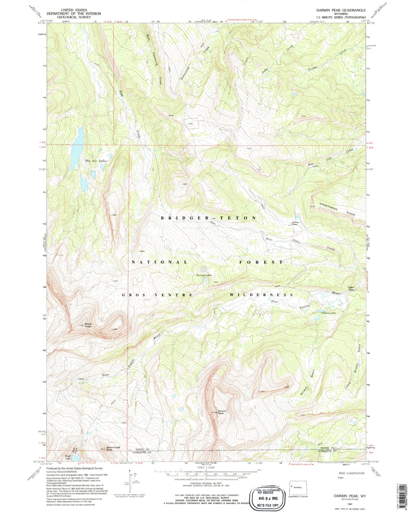 Classic USGS Darwin Peak Wyoming 7.5'x7.5' Topo Map Image