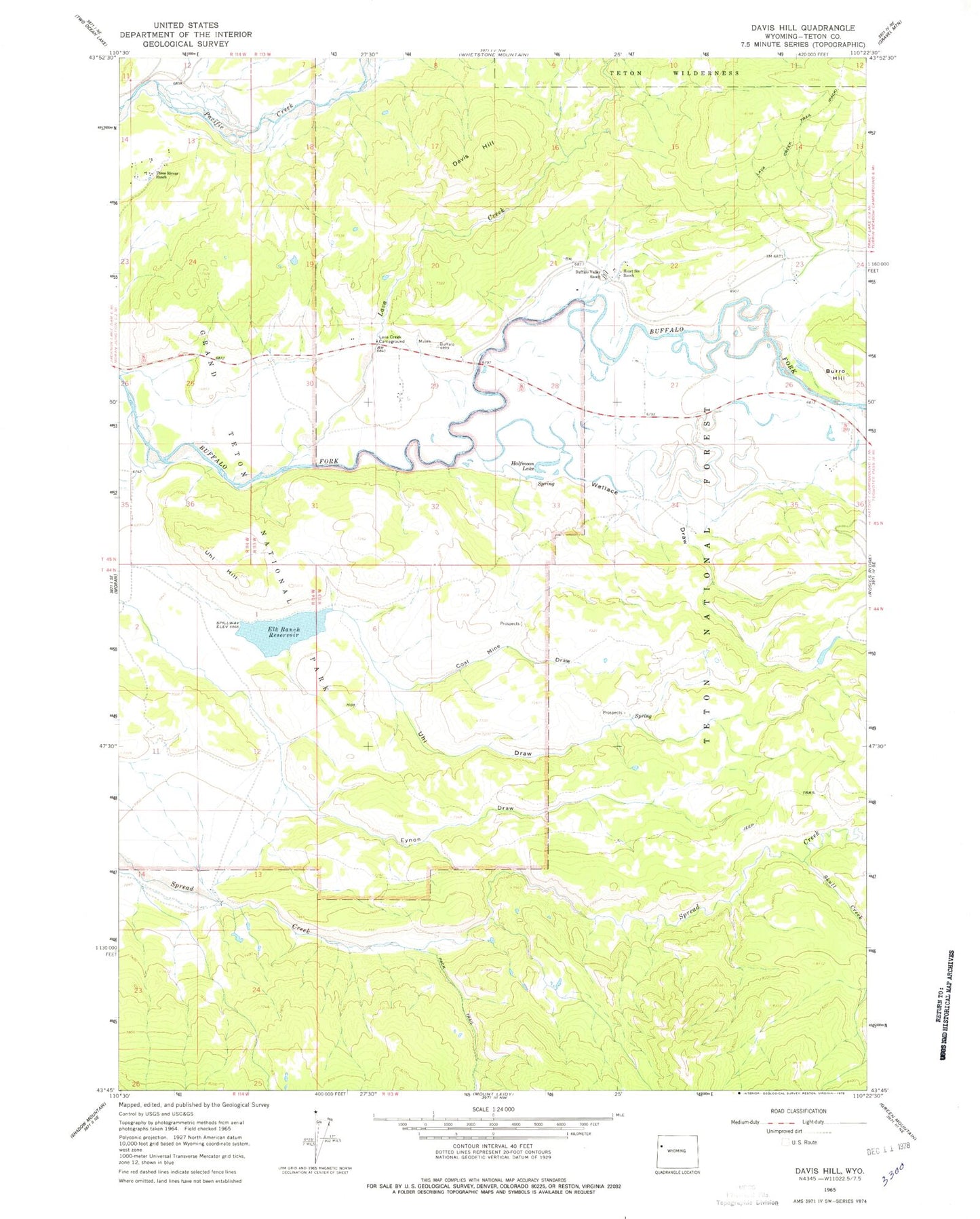 Classic USGS Davis Hill Wyoming 7.5'x7.5' Topo Map Image