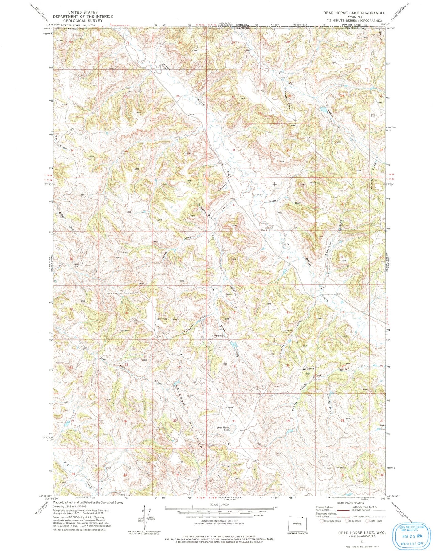 Classic USGS Dead Horse Lake Wyoming 7.5'x7.5' Topo Map Image