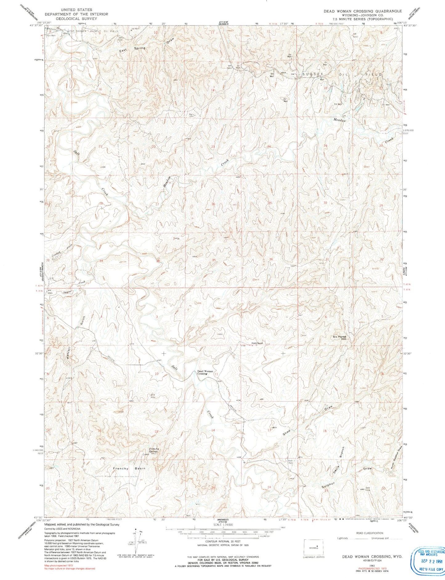 Classic USGS Dead Woman Crossing Wyoming 7.5'x7.5' Topo Map Image