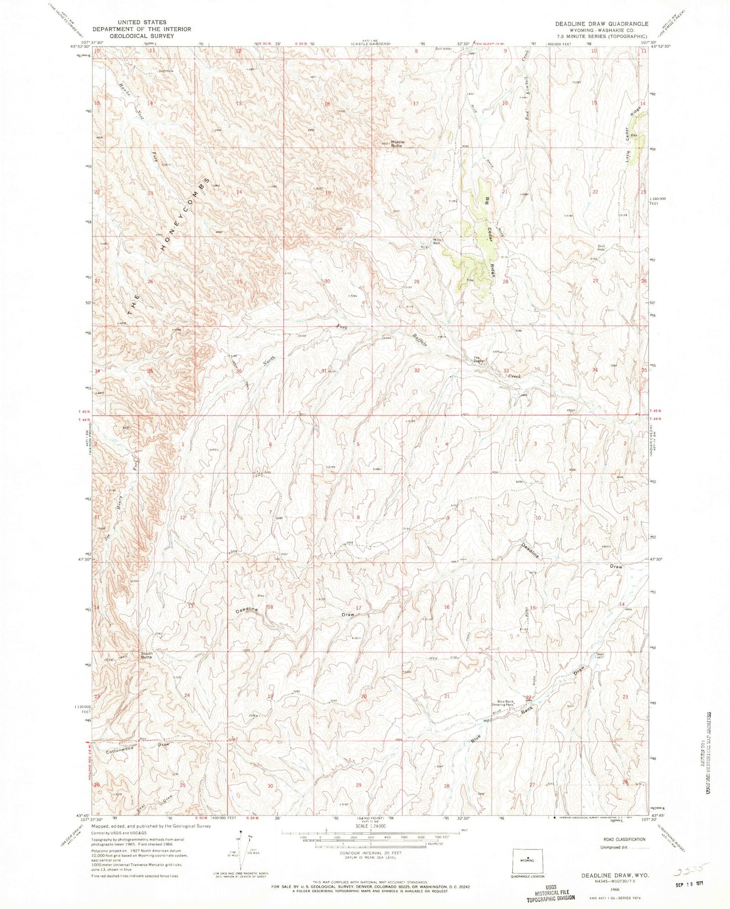 Classic USGS Deadline Draw Wyoming 7.5'x7.5' Topo Map Image