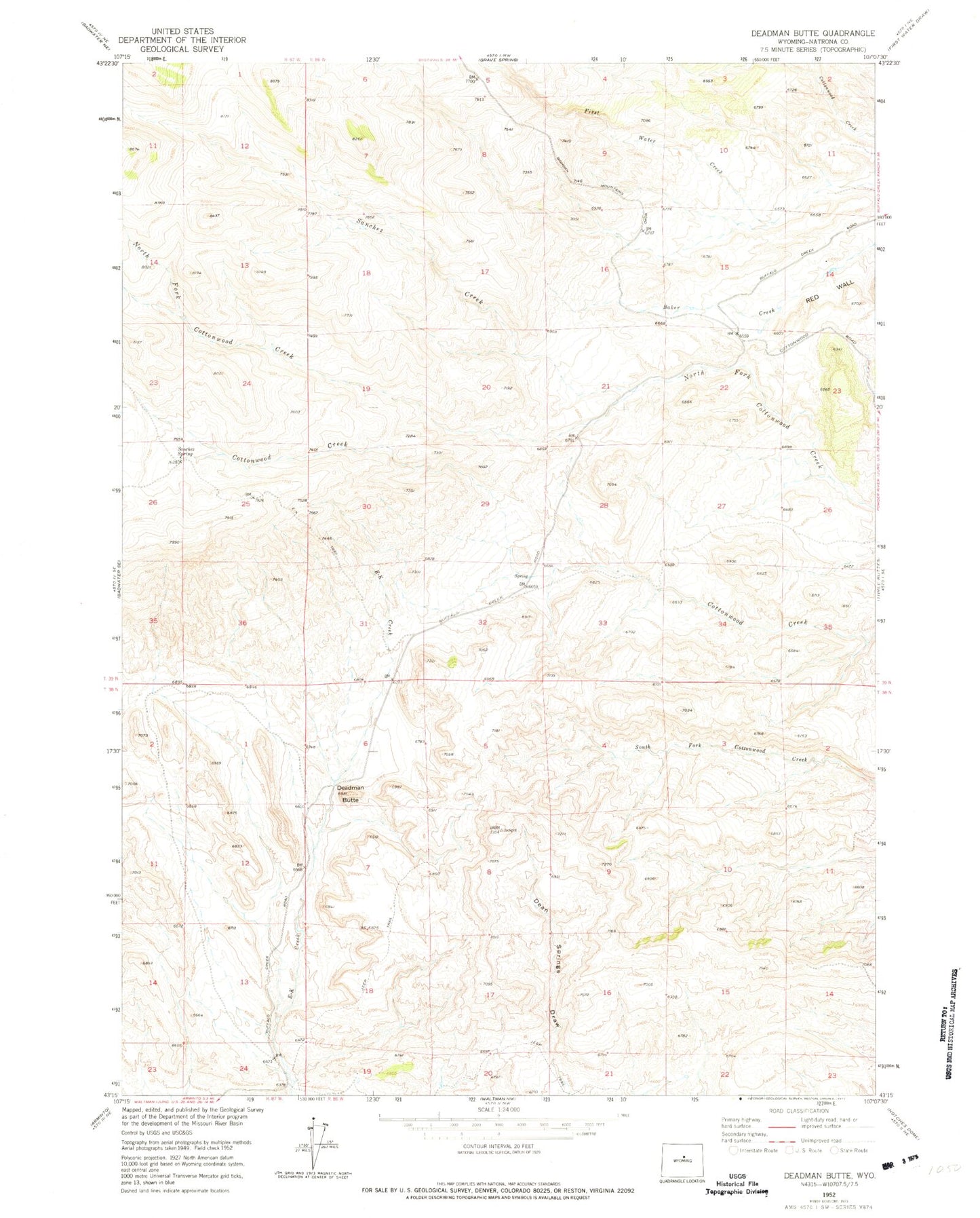 Classic USGS Deadman Butte Wyoming 7.5'x7.5' Topo Map Image