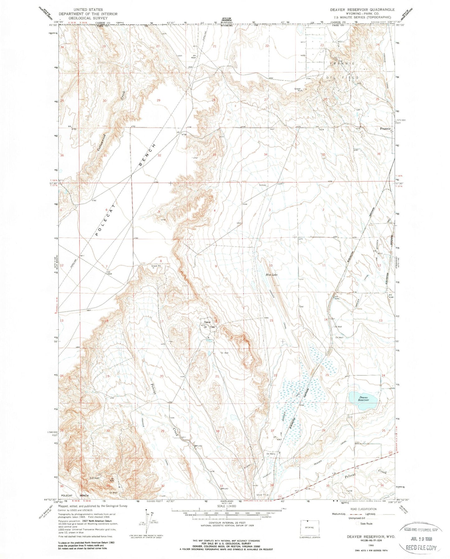 Classic USGS Deaver Reservoir Wyoming 7.5'x7.5' Topo Map Image