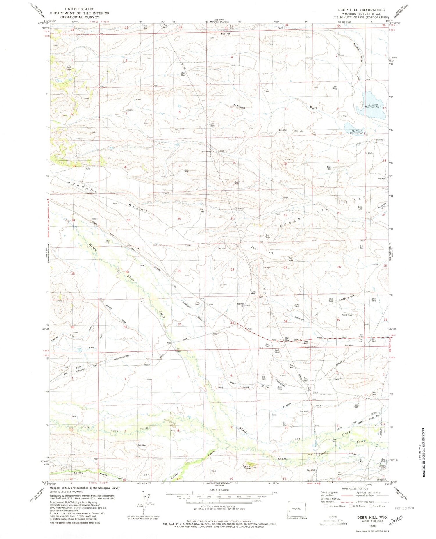 Classic USGS Deer Hill Wyoming 7.5'x7.5' Topo Map Image