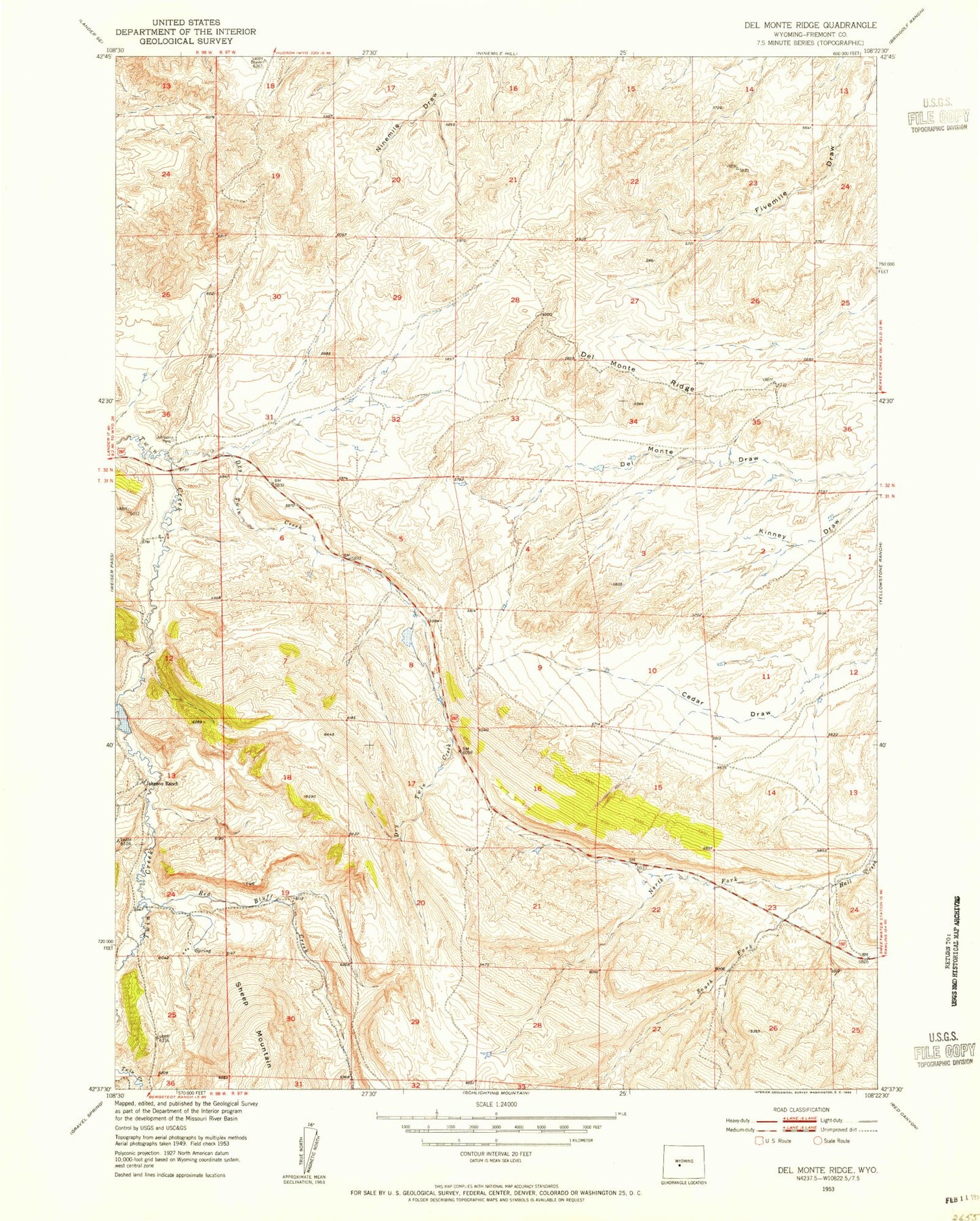 Classic USGS Del Monte Ridge Wyoming 7.5'x7.5' Topo Map Image