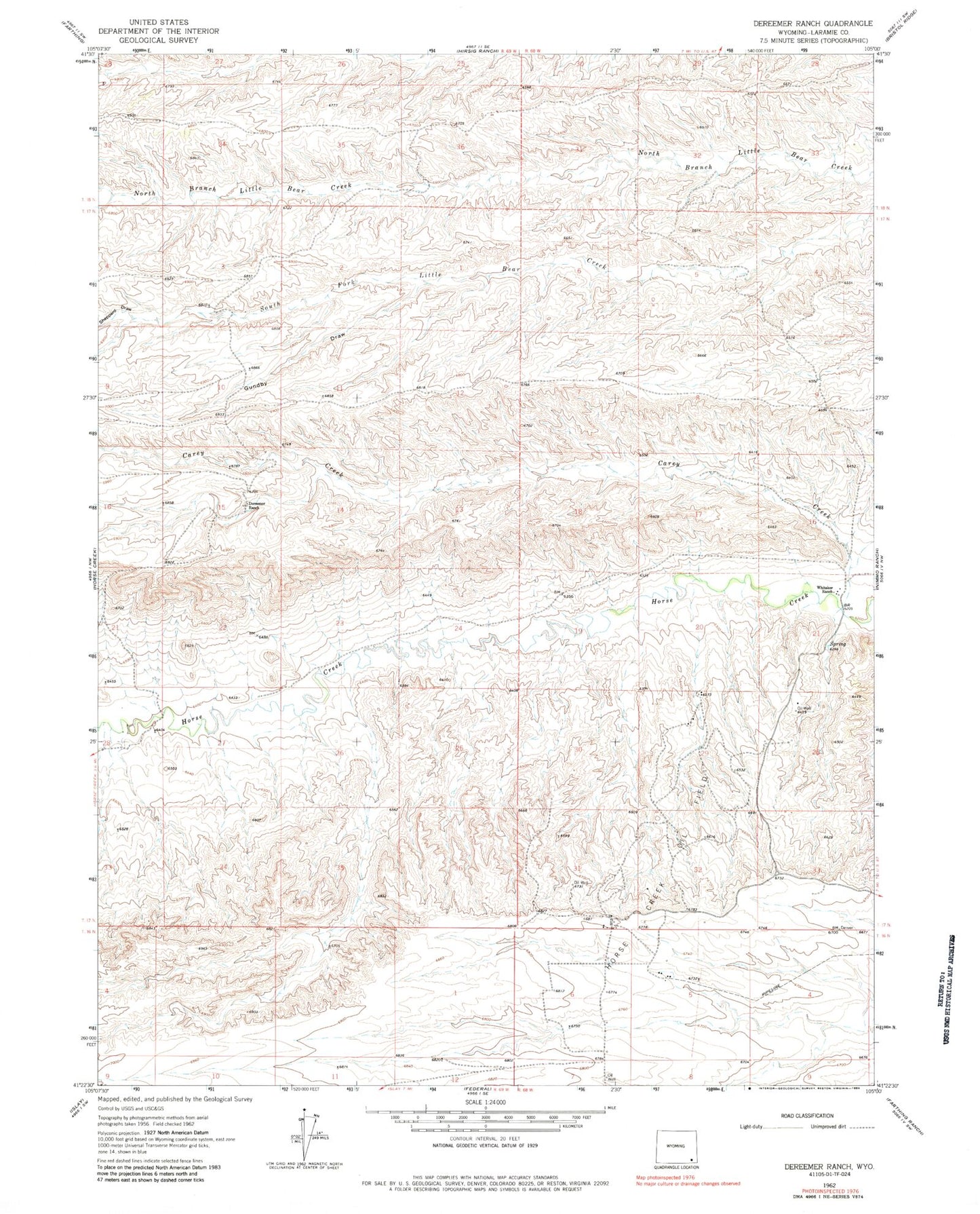 Classic USGS Dereemer Ranch Wyoming 7.5'x7.5' Topo Map Image