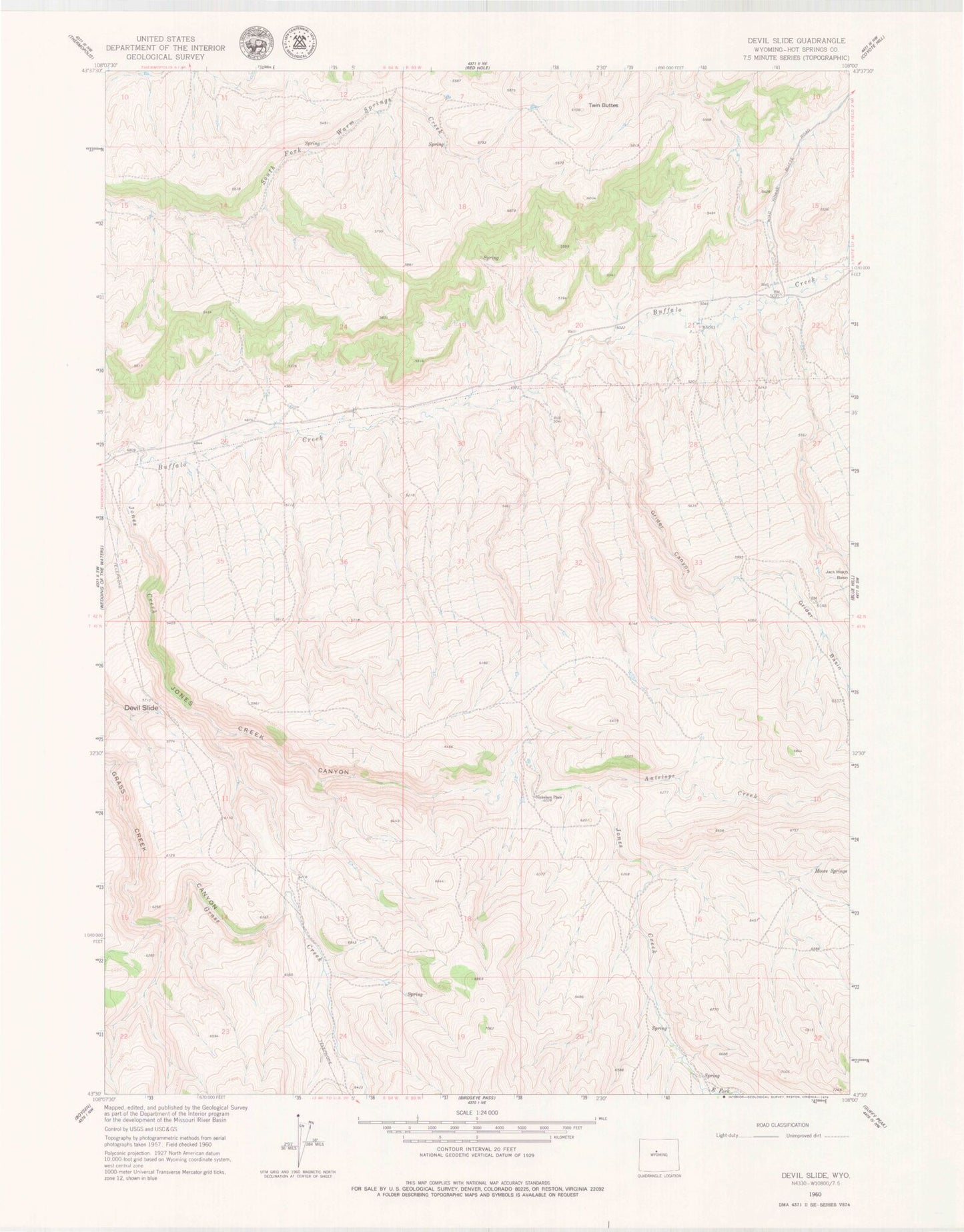 Classic USGS Devil Slide Wyoming 7.5'x7.5' Topo Map Image